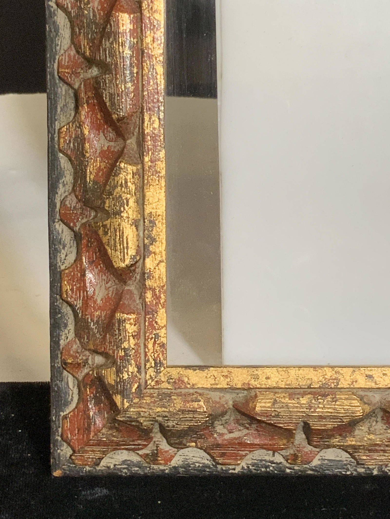 Gold Leaf Embossed Wood Frame with glass: Vintage wood frame with washed gold leaf over painted wood frame, brick and black patina. Glass is app 10.5 x 8.5 in. No back. Ext frame 10 7/8 x 12.75 in. Vintage Art Frame, Vintage Photo frame, Gilt