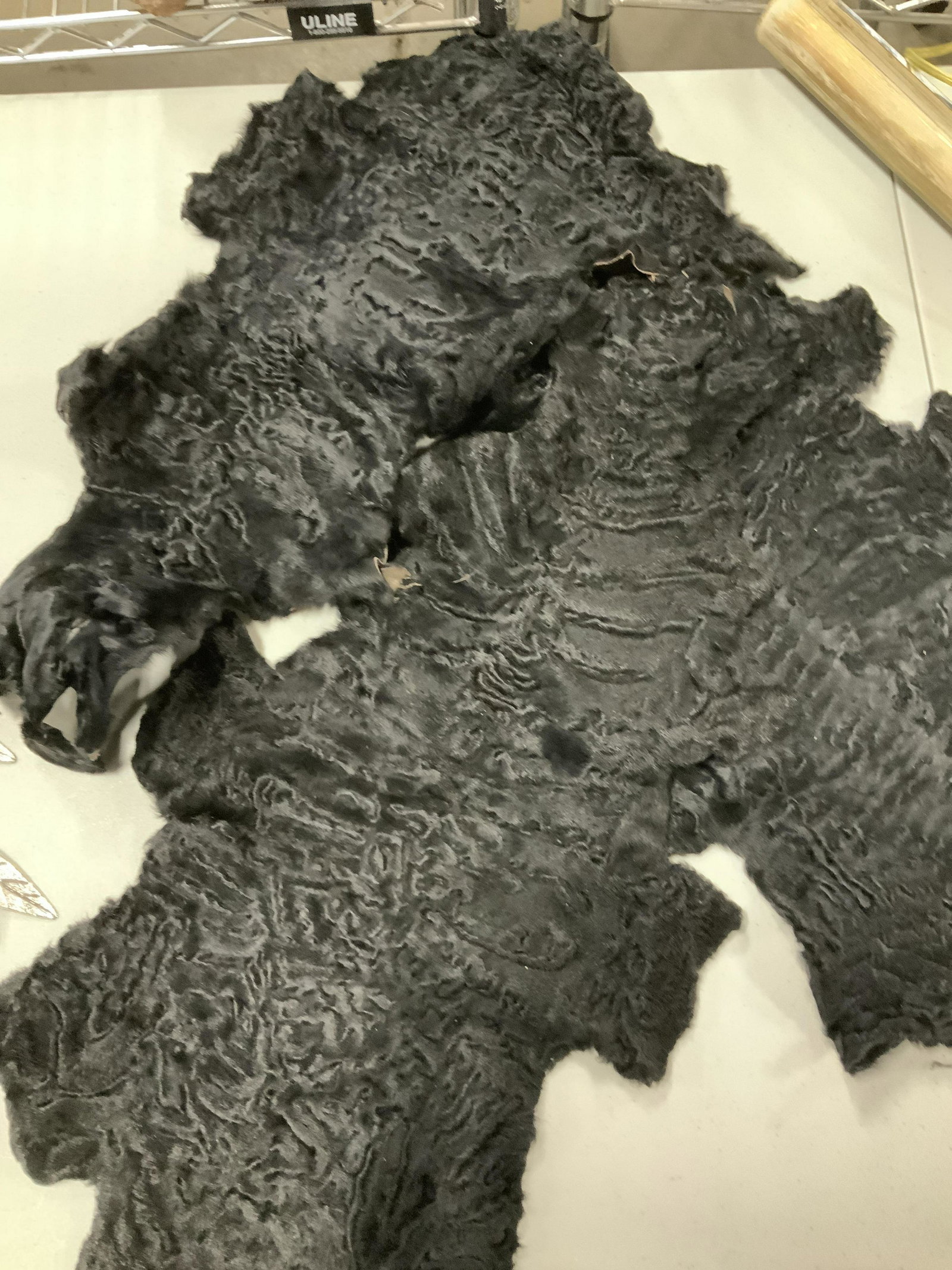 Group CAP NORD LAMBSKIN PELTS: Hallmarked Pelt with Cap Nord stamp, Curly black lambskin pelt 23 x 11.5 each app. Of baby lamb. Dyed suede lining in grey. Baby lamp pelt, luxury brand Cap Nord, LAMBSKIN pelt, Animal hide decor acce