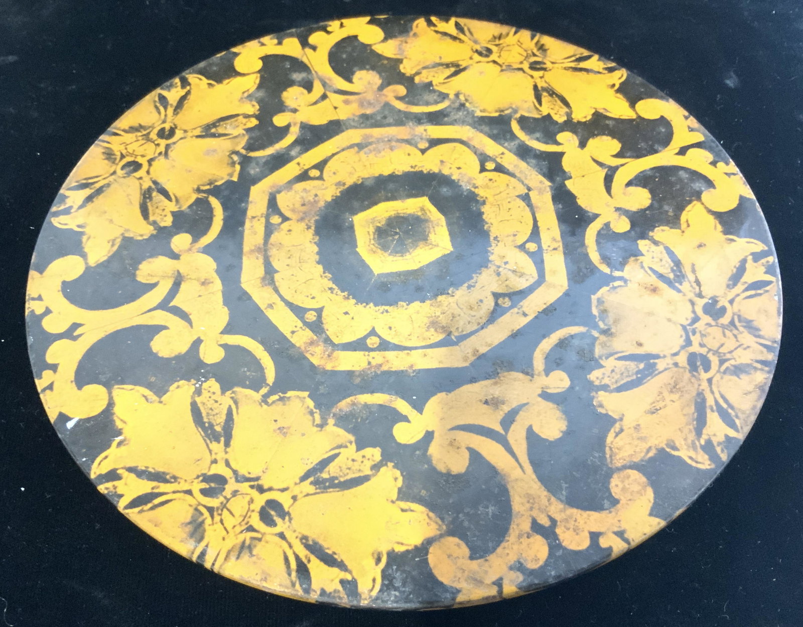 Lot 3 Mid Century Artisanal Plates/ Trivets: Footed mother of Pearl tri it/ trinket dish. Pierced shell design Made of one solid piece. App 5 in diameter. Mid century trivet, underside is cork, flat resin plate with some vintage surface roughnes