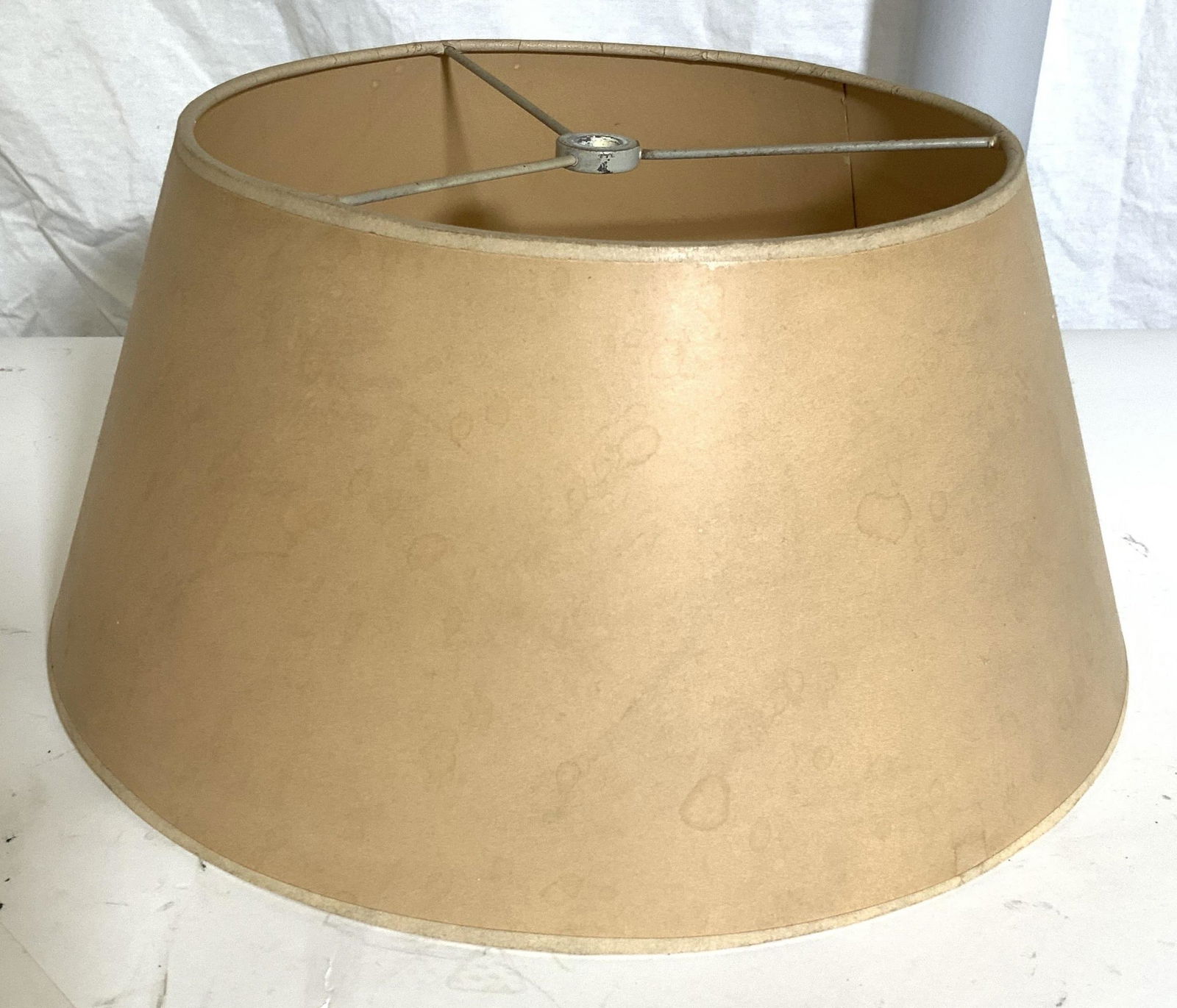Vintage Classic Empire / Drum Lamp Shade: Made of hard paper, vintage beige coloring, some wear and splits to paper, top diameter 8.5 in. Bottom diameter 12.5 in. Ht 6 in. Empire lamp shade, vintage lamp shade, Paper lampshade, home decor acc
