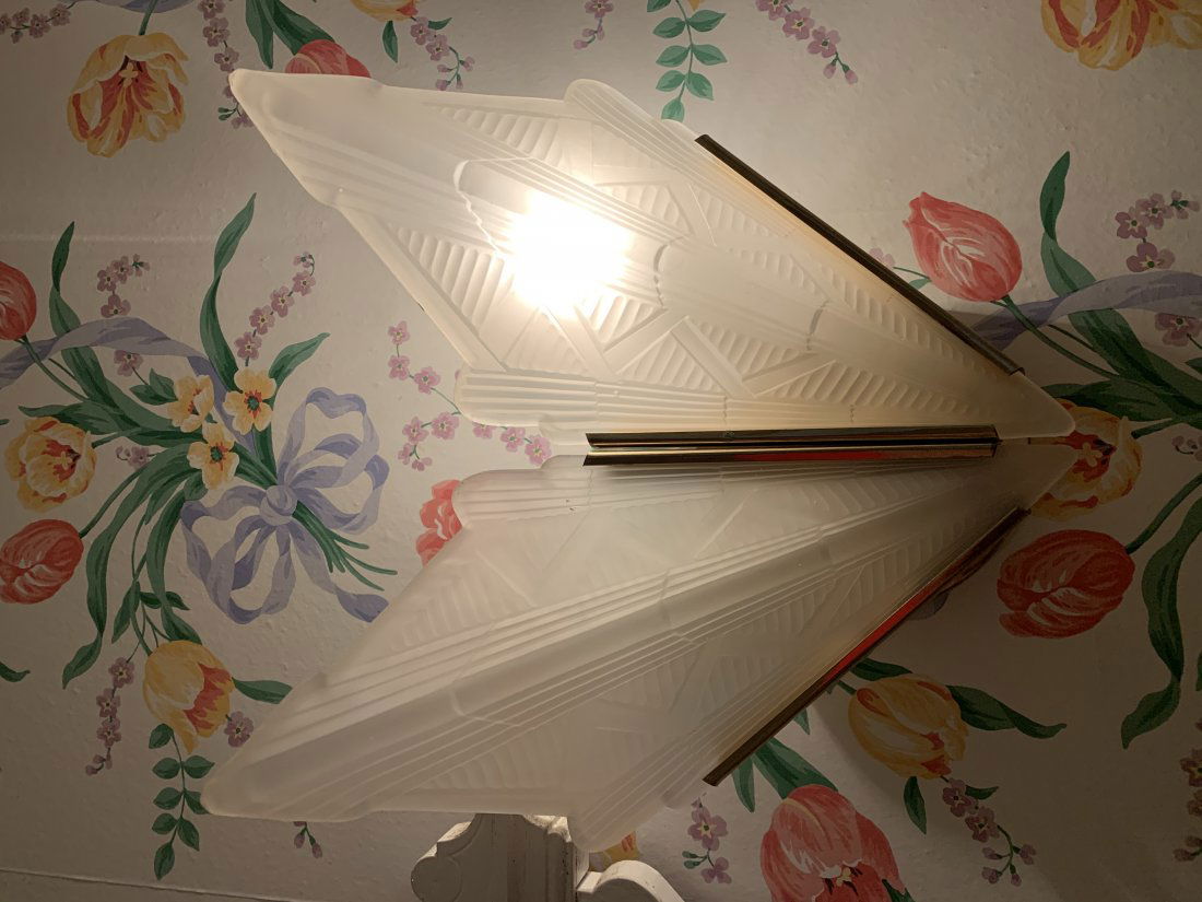 Pair Art Deco Brass Wall Sconces, Frosted Shades: Art Deco angular wall sconces. Frosted Glass shades slip into light pocket. Sconces made from brass, lightweight, except for glass shades. Shades etched, diamond shape. Total light measures 12.5 in. T