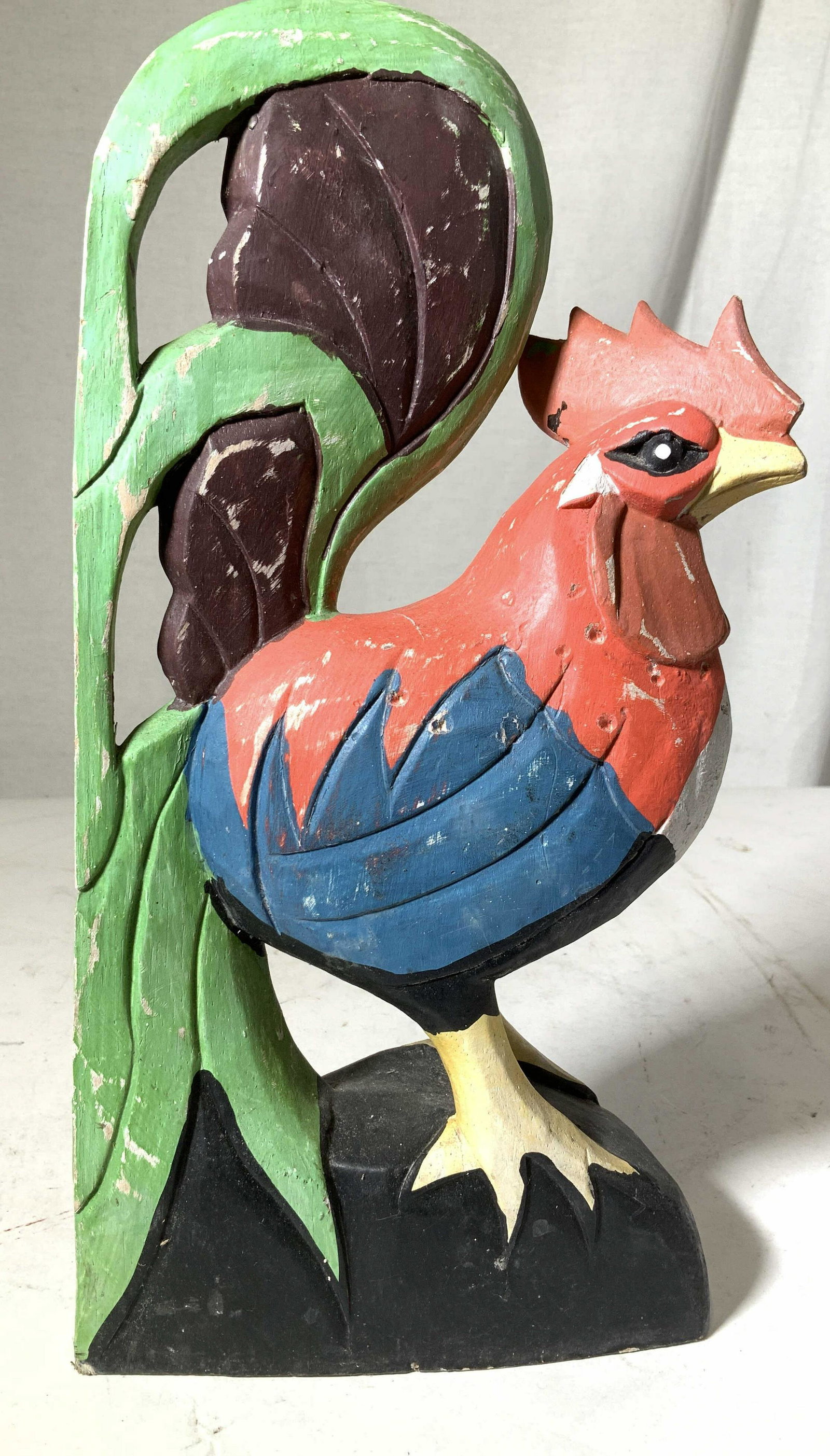 Painted Wood Rooster Figural 13 in H: Whimsical folk art style wood rooster or chicken sculptural, measures ht app 13 inches 7 inches length depth app 4 inches, from three hands Corp, California, property of Janine Metz Estate, social Sec