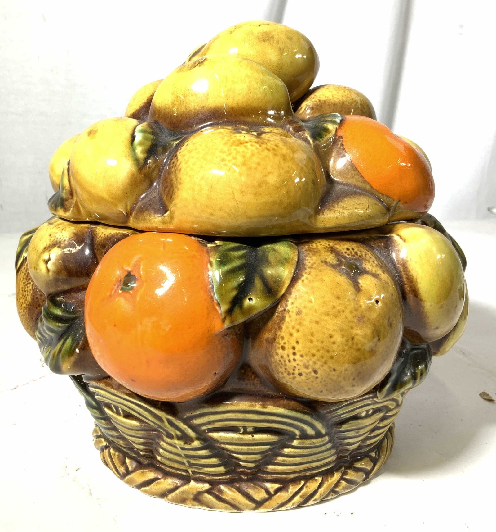 Vintage INARCO Porcelain Pottery Fruit Basket: Lidded bowl in trompe l’oeil style of fruit piled in a woven basket, lidded bowl, centerpiece, collectible INARCO pottery, oranges lemons and pear forms piled in basket, marked underside for INARCO,