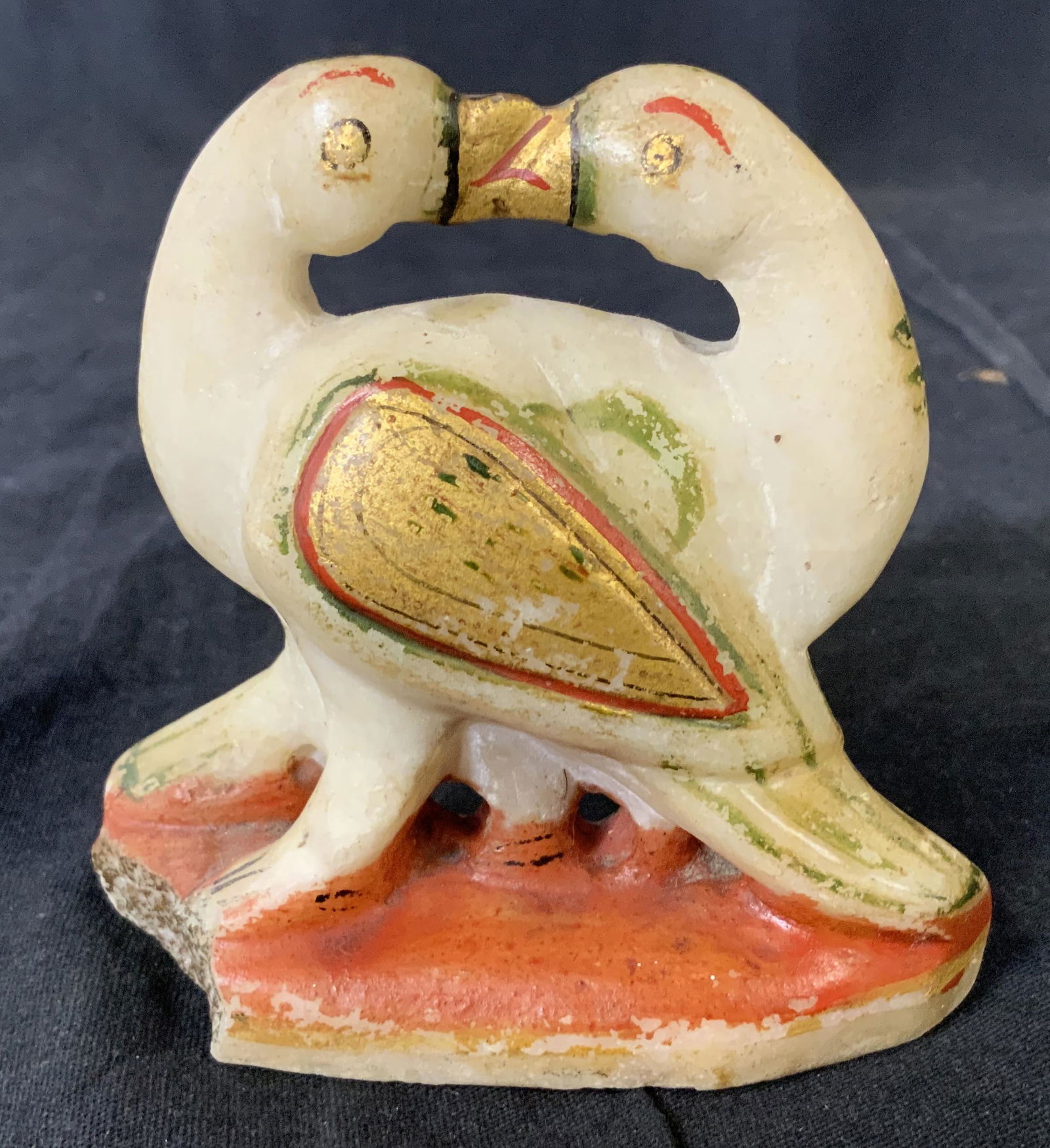 18th Cent Alabaster Bird Sculpture, India: 18th Cent Alabaster Bird Sculpture, India, label to base reads ‘18 C Indian Alabaster’, hand painted with gold, red, and green pigments, subject two birds in an embrace, measures 3 5/8 x 3 5/8 inc