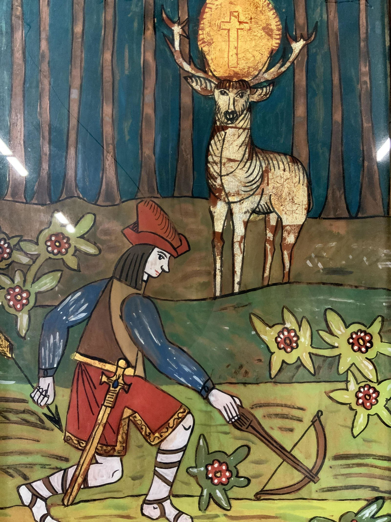 Reverse Painting of Saint Hubert Artwork: Reverse Painting of Saint Hubert, inscription to lower portion of piece reads ‘Hubertus’, subject a man with a bow and arrow near a stag, measures 17 1/4 x 12 5/8 inches, gilt wooden frame, some l