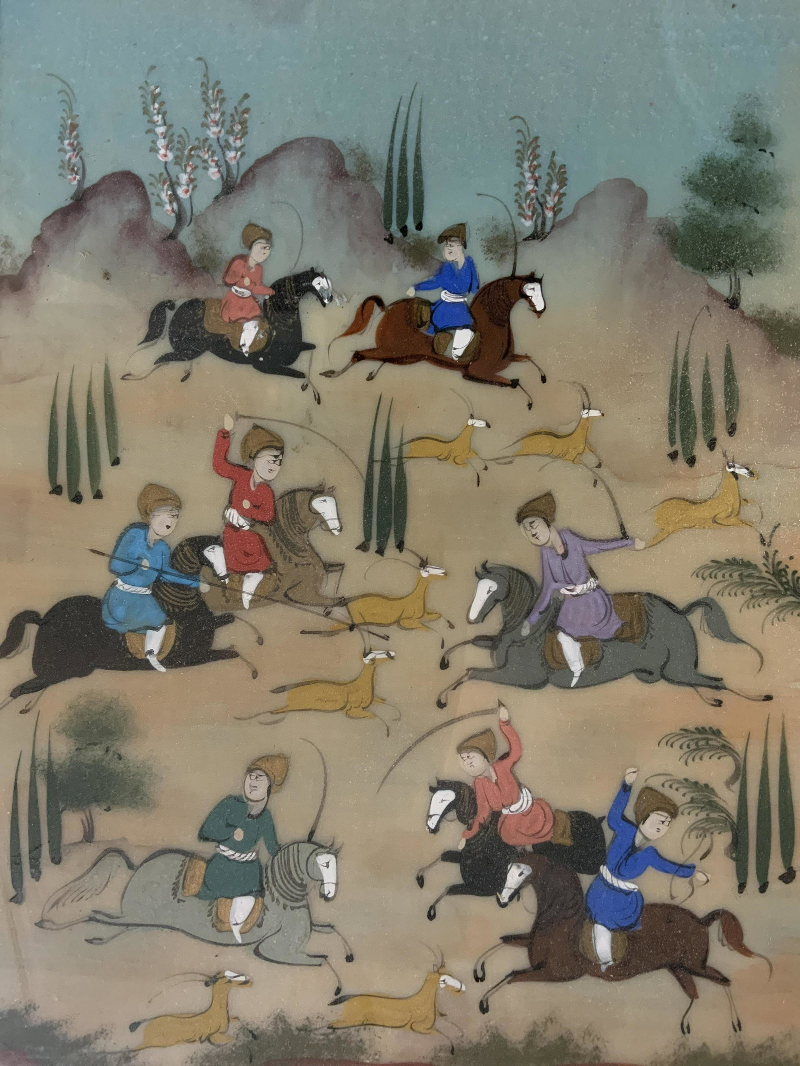 Middle Eastern Style Gouache Painting, Hunting: Middle Eastern Style Gouache Painting, Hunting Scene, no apparent inscriptions or signatures, not examined out of frame, subject men chasing horned animals on horseback, measures 14 3/8 x 12 inches, d