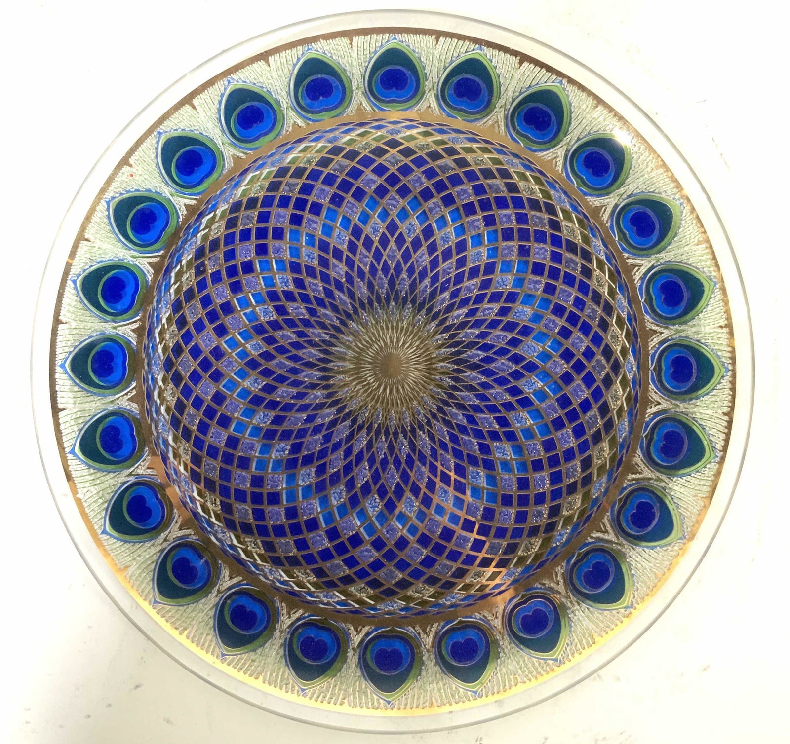 Hand Painted Micro Beaded Platter: Vintage hand crafted art glass platter, with peacock feather coloring design elements and micro beading design, measures diameter app 11 inches, tableware, tabletop accessories, decroative arts, cente