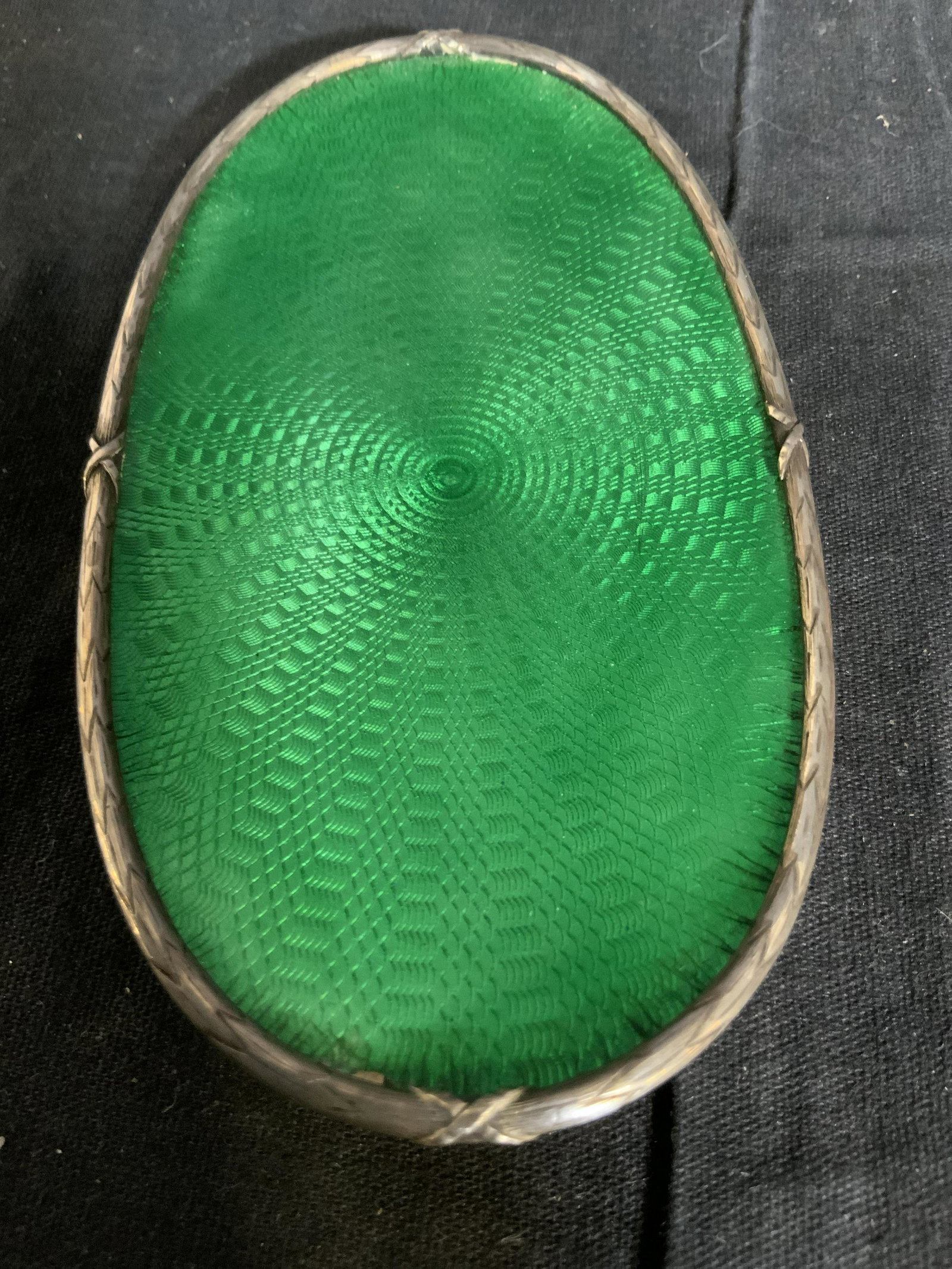 Antique Guilloche and Sterling Silver Nut Dish: Engine turned bright green enameled lined sterling silver dish, ring dish, detailed design through engine turned rose lathe, nut bowl, trinket dish, hall marked on underside, measures 4.5 by 3 inches,