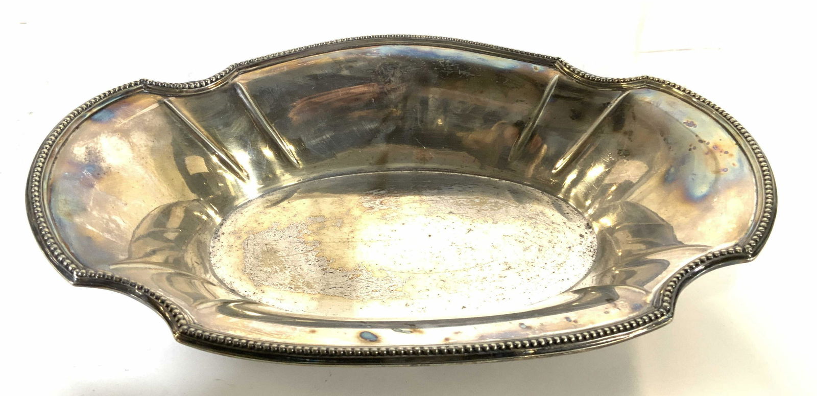 CHRISTOFFLE, French Silver Pl Serving Dish,C1920: Vintage antique CHRISTOFFLE Silver Plate Serving Dish, luxury silver designer, French luxury design, marked underside O.GALLUA, scalloped dip dish server beaded and trimmed edging, classic design and