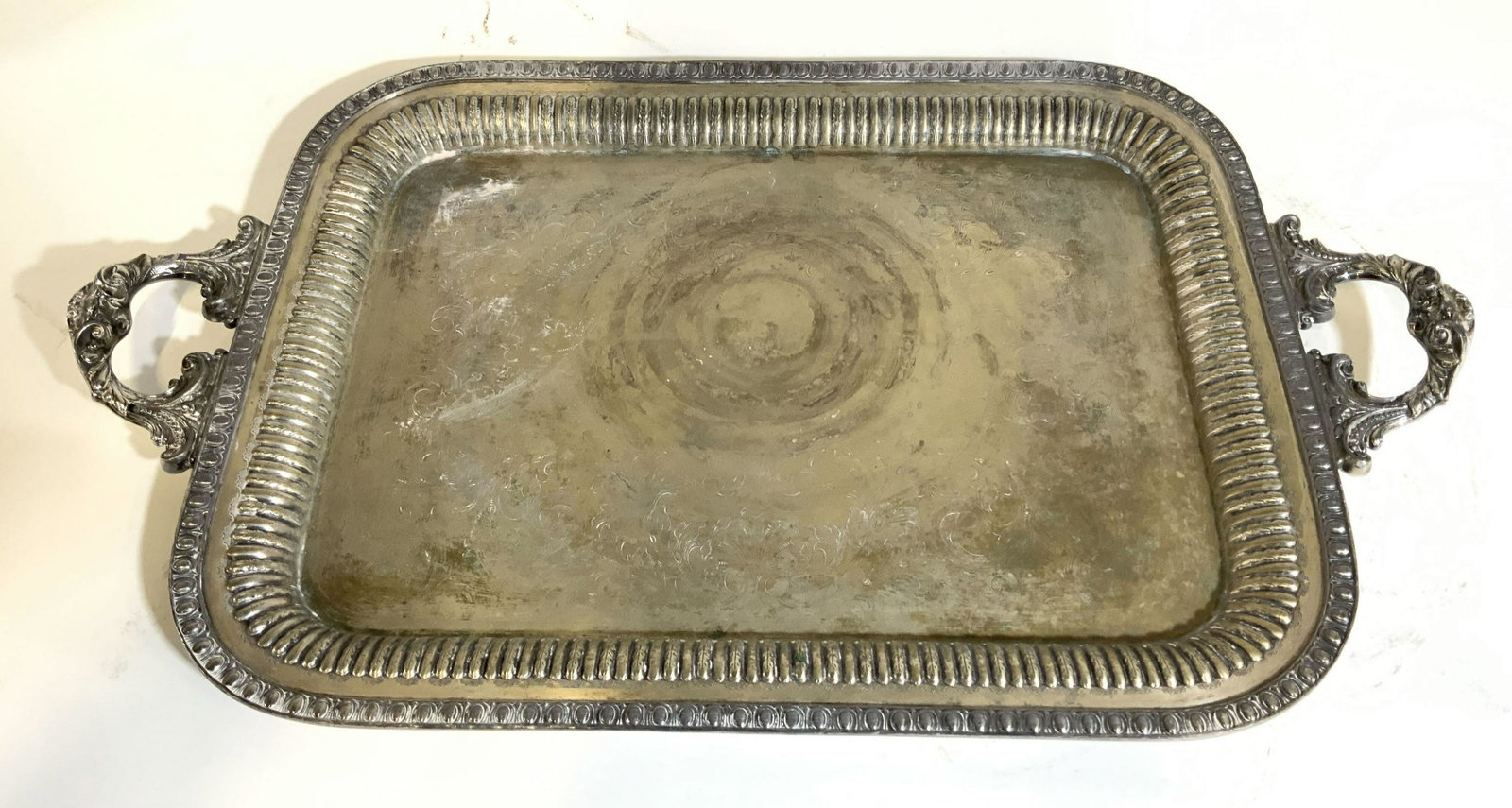 Large Antique Wallace S/P Serving Tray: Wallace silver plate serving tray, gallery tray, made in England, , Ornate Georgian pattern with etched center design, raised borders, ornately detailed handles, antique silver plate, antique English 