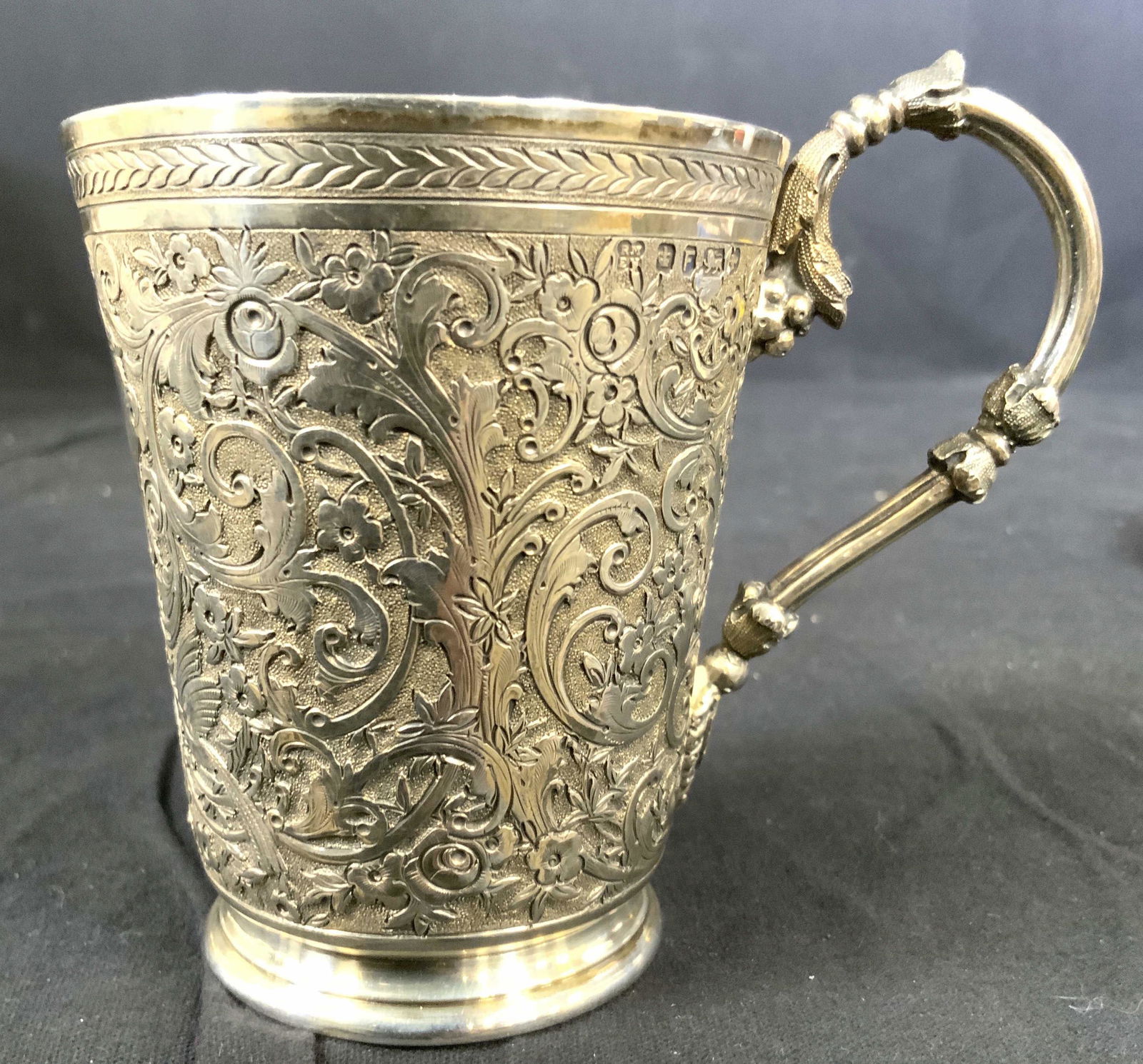 Antique Sheffield Sterling Silver Vessel, Eng: Heavily Chased Sterling Silver Vessel, Cup, mug, vase, table ware, gold wash interior exterior richly detailed in swags, swirls, florals birds and vines, monogrammed in shield centerpiece, multiple ha