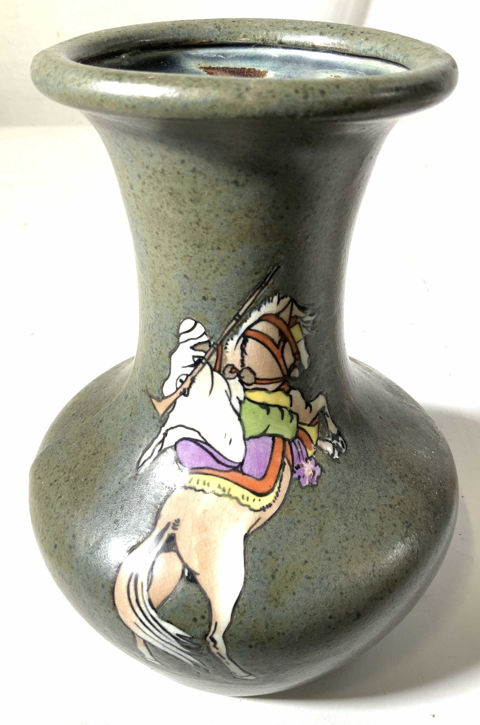 STELLMACHER TEPLITZ pottery Vase: Antique earhern ware ceramic pottery vase, vessel, decorative accessory, signed and trademarked for STELLMACHER TEPLITZ pottery, green toned with Arabian horse and rider, art nouveau, made in Austria,
