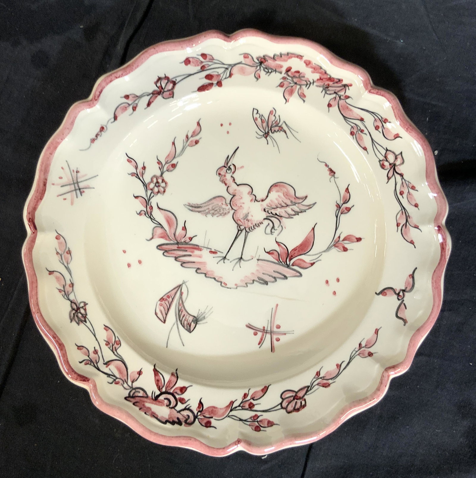 Pink White French Faience Platter: Ceramic porcelain plate, platter, French faience, pink and white painted scene of bird butterfly and flowers, vintage French table ware, property of Janine Metz Estate social secretary to Duke and Duc