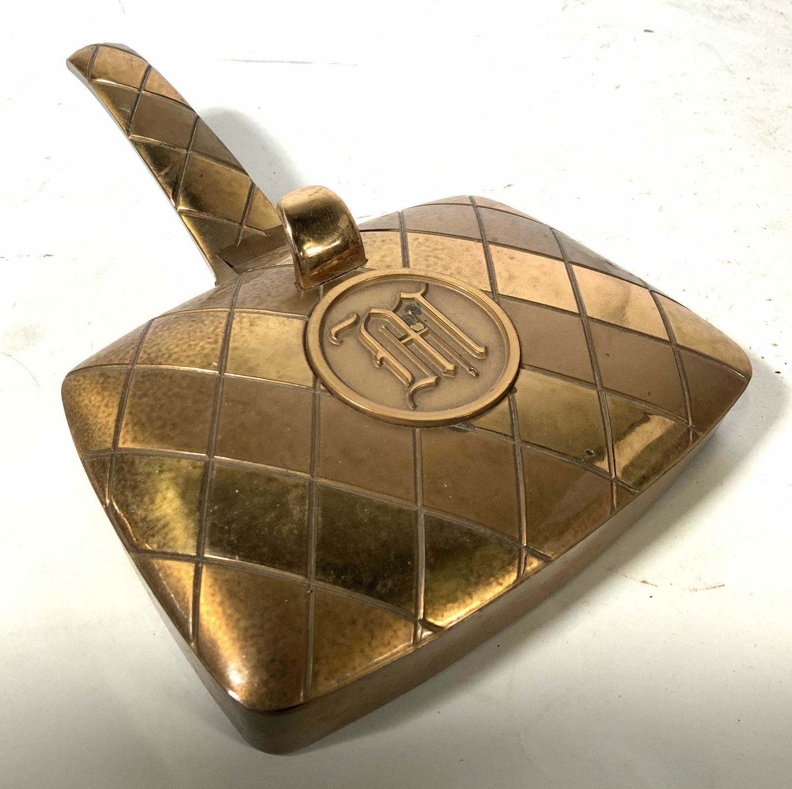Hyde Park Vintage Monogrammed Silent Butler: Marked underside for Hyde Park, Heavy copper and brass argyle patterned hinged lid butler, monogram in center illegible possibly an M, collectible table ware, decorative object, vintage antique copper
