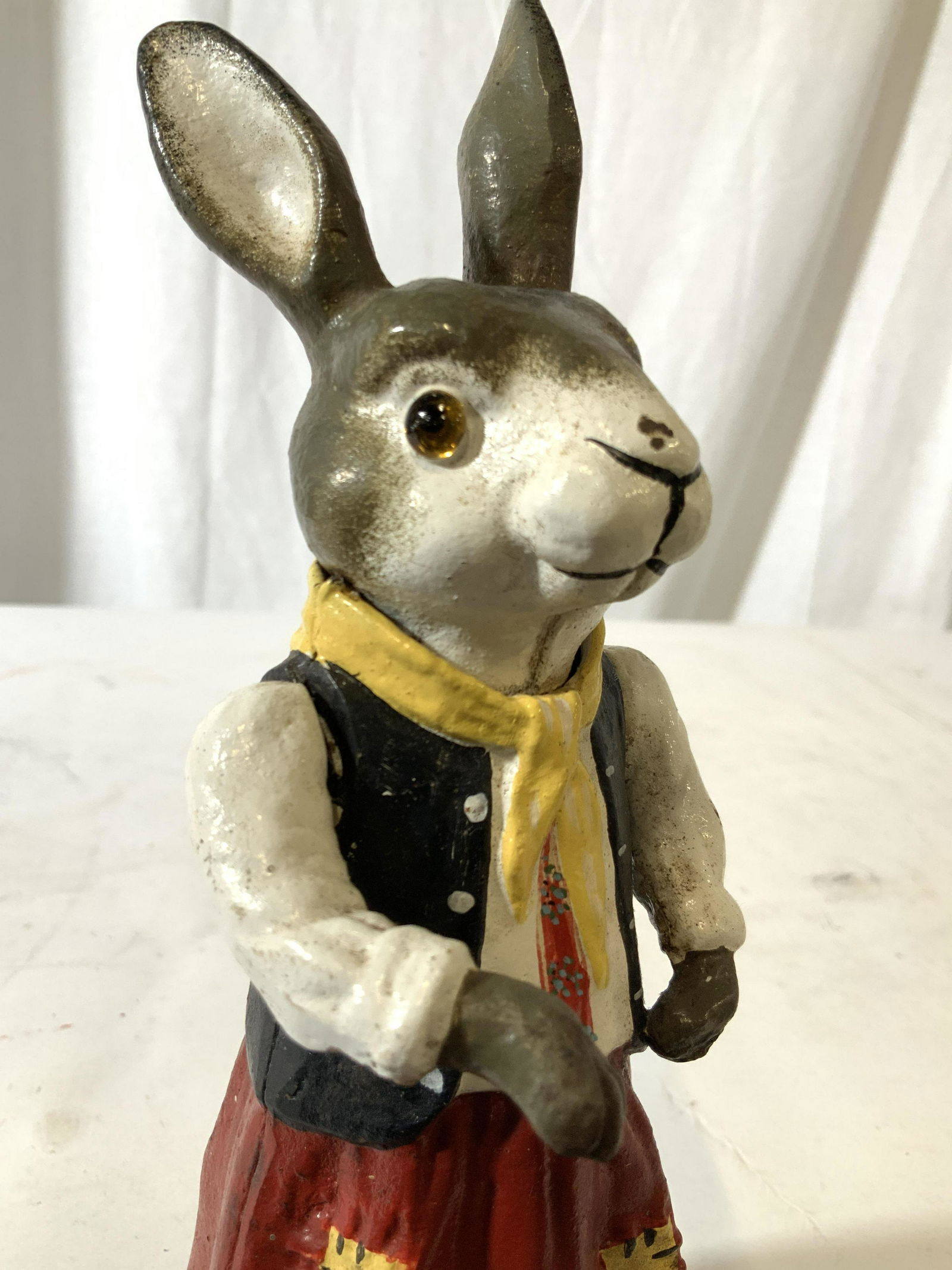 Vntg Painted Cast Iron Figural Doorstop: Vintage possibly antique painted iron rabbit, bunny, clothed rabbit, Alice in wonderland rabbit, collectible iron Figural, decorative object, arts and crafts, door stop, measures ht app 9 inches width
