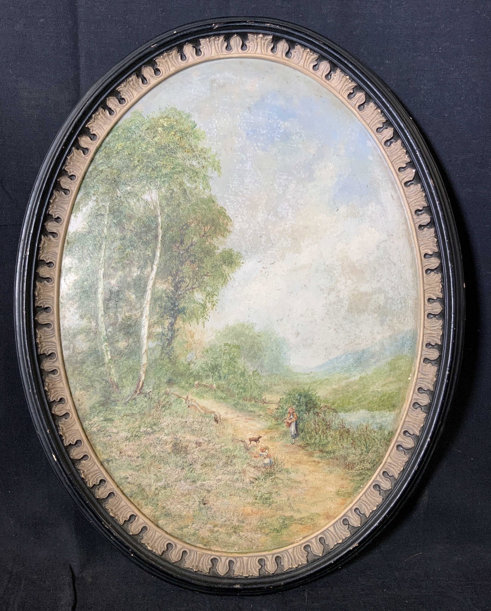PETER IPSEN Signed Ceramic Panel Painting artwork: PETER IPSEN Signed Ceramic Panel Painting, signature to lowe right reads ‘RB’, inscription to reverse reads ‘Eneret P IPSEN Kobenhavn 431’, subject children picking flowers along a road, measu