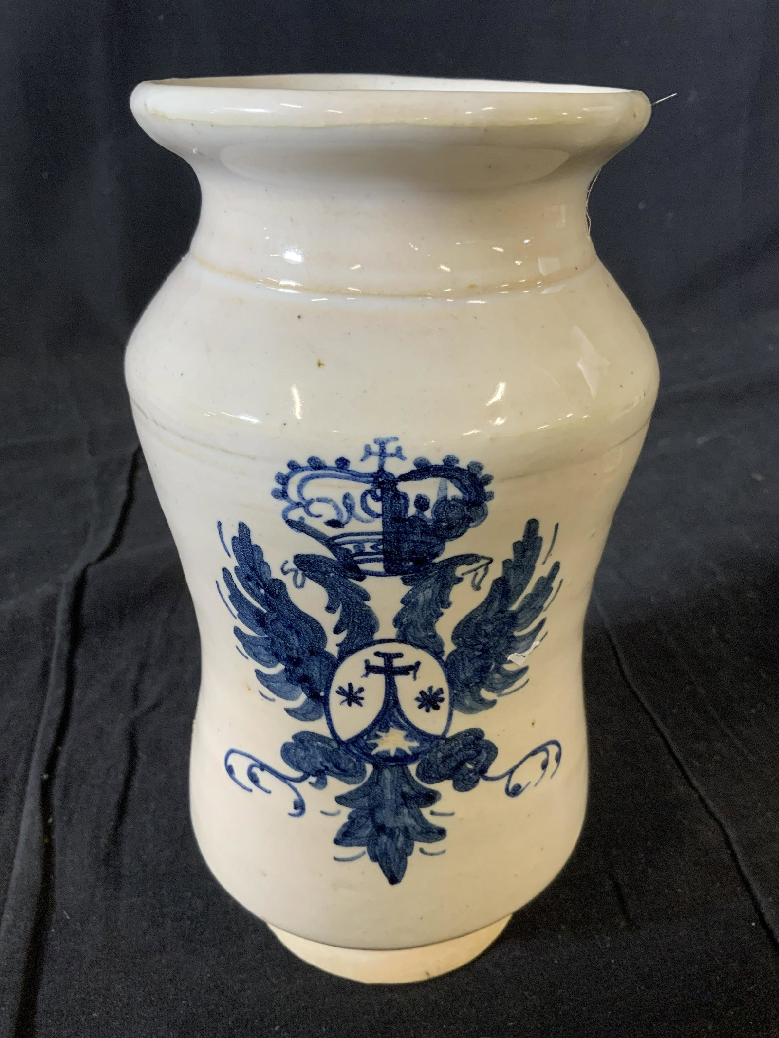 TALAVERA Ceramic Painted Griffin Vase, Spain: Vintage possibly Antique , ceramic pottery Made in Spain, Signed numbered underside TALAVERA, SA 50. C, no 77, cream toned vase with painted blue double Griffin , DOUBLE HEADED EAGLE,crest with crown,