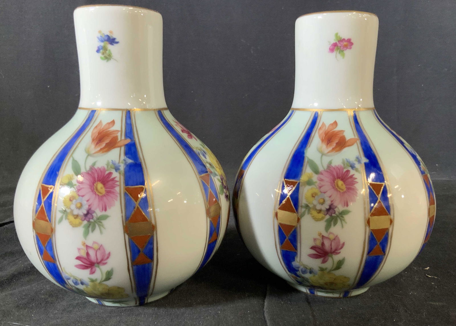 Pair Vintage Hand Painted Porcelain Vases: Vintage possibly antique pair of vases, Each marked signed trademarked, crown and crossed swords, Elias, Hand Painted, point main, H F, each measures htv6.5 inches diameter 5 inches, property of Janin