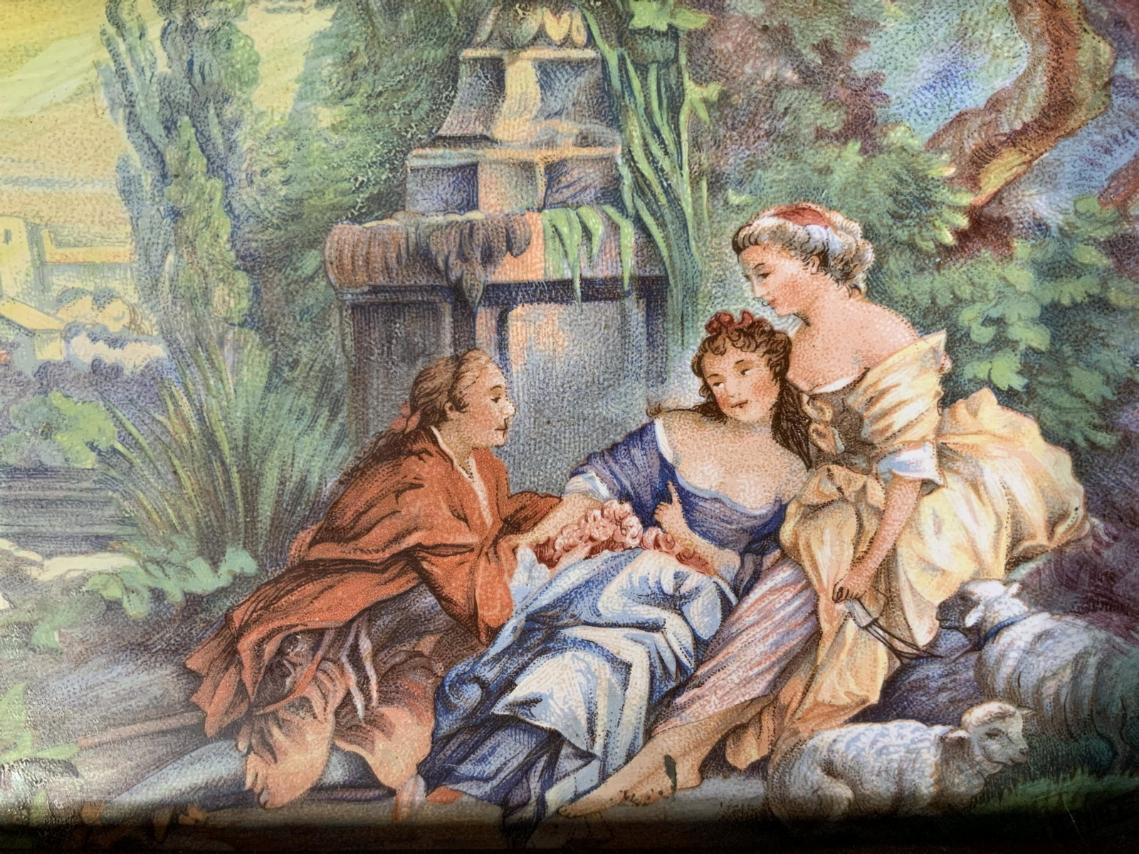 RENNEE Signed Lithograph on Ceramic Panel: RENNEE Signed Lithograph on Ceramic Panel, signature to lower right reads ‘Rennee’, subject three recline figures in a garden, measures 8 3/4 x 11 5/8 inches, gilt wooden frame, some wear to frame