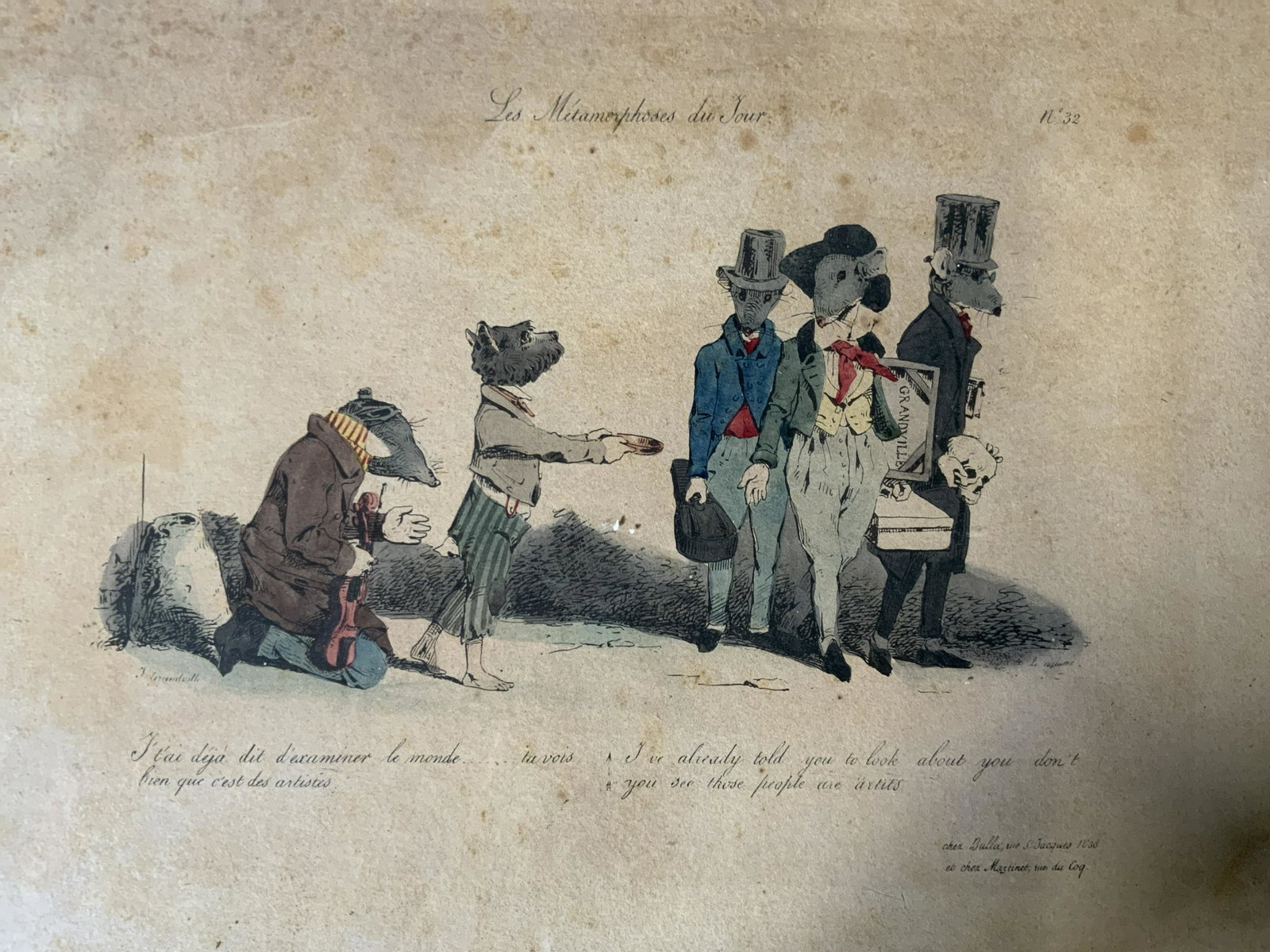 JJ GRANDVILLE Les Metamorphoses du Jour Lithograph: JJ GRANDVILLE Les Metamorphoses du Jour hand colored Lithograph, inscription to piece in French, inscription in English reads ‘I’ve already told you to look about you don’t you see those people 