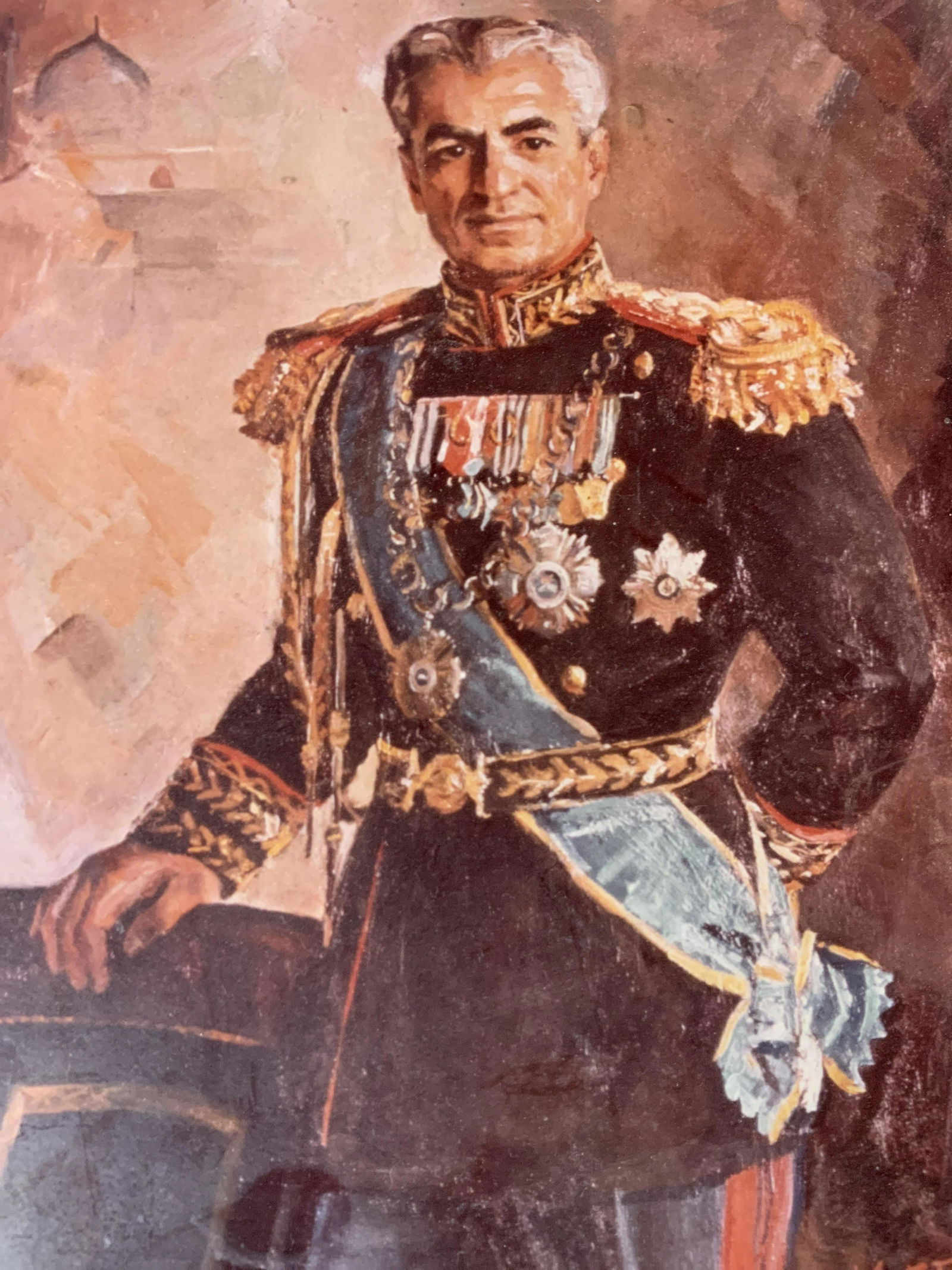 WILLIAM F DRAPER Shah of Iran Lithograph: WILLIAM F DRAPER Shah of Iran Lithograph, inscription to lower right reads ‘Wm F Draper 67’, subject a standing in military uniform, measures 10 3/4 x 8 1/2 inches, gold toned metal and green comp