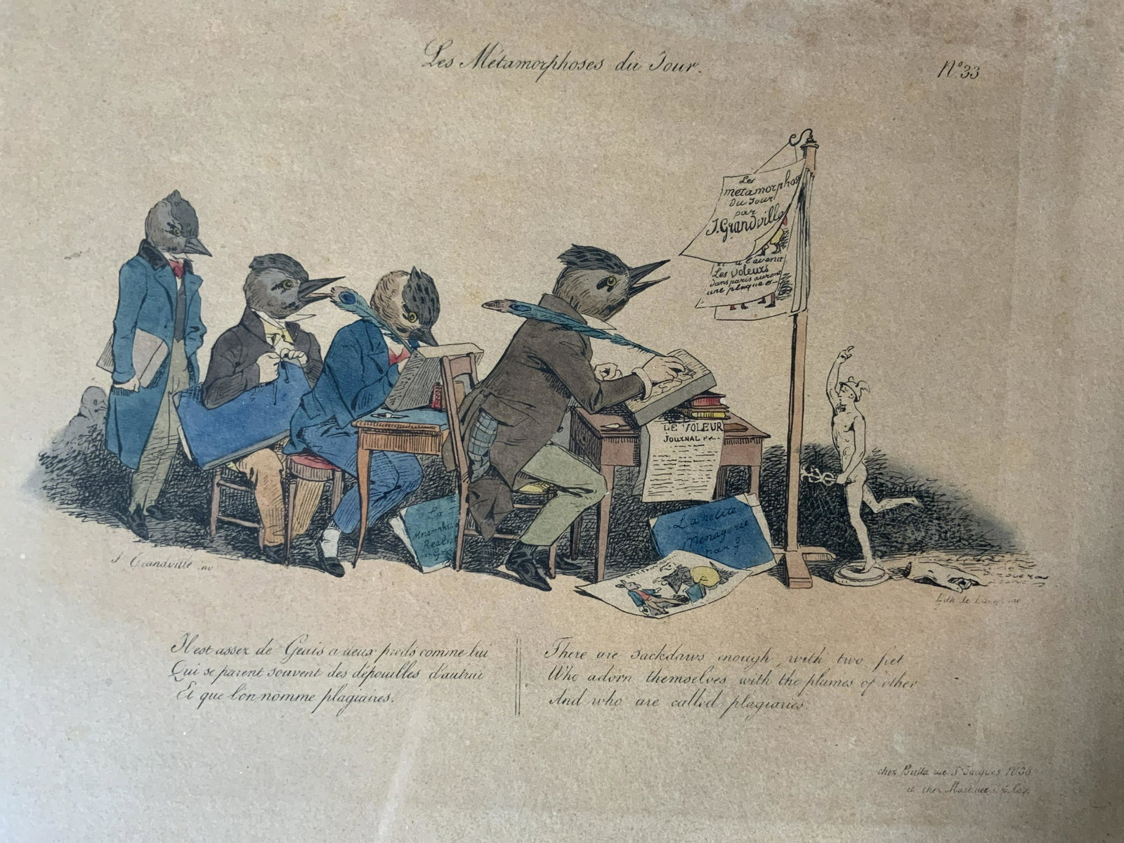 JJ GRANDVILLE Les Metamorphoses du Jour Lithograph: JJ GRANDVILLE Les Metamorphoses du Jour hand colored Lithograph, inscription to piece in French, inscription in English reads ‘There are jackdaws enough with two fiet who adore themselves with the p