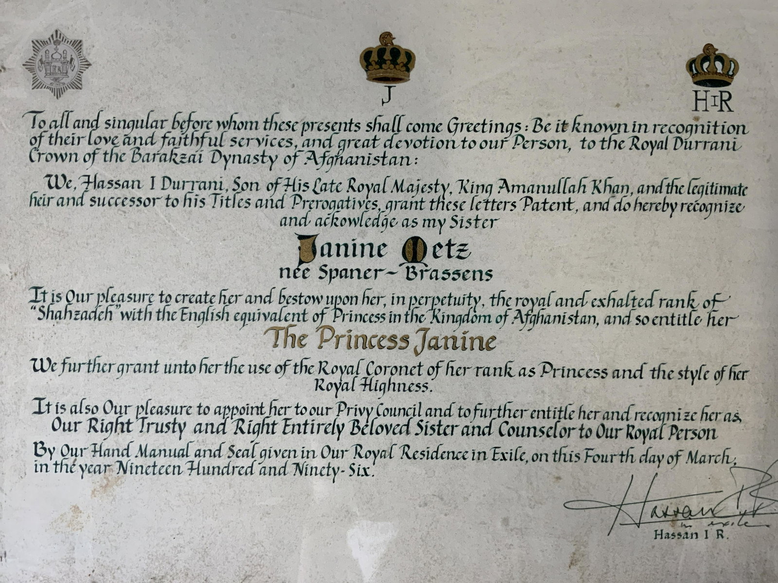 Janine Metz Shahzadeh Certificate: Janine Metz Shahzadeh Certificate, inscription signed by Hassan I Durrani, son of King Amanullah Khan giving Janine Metz princess status, measures 15 3/4 x 19 3/4 inches, decorative gilt frame with ba