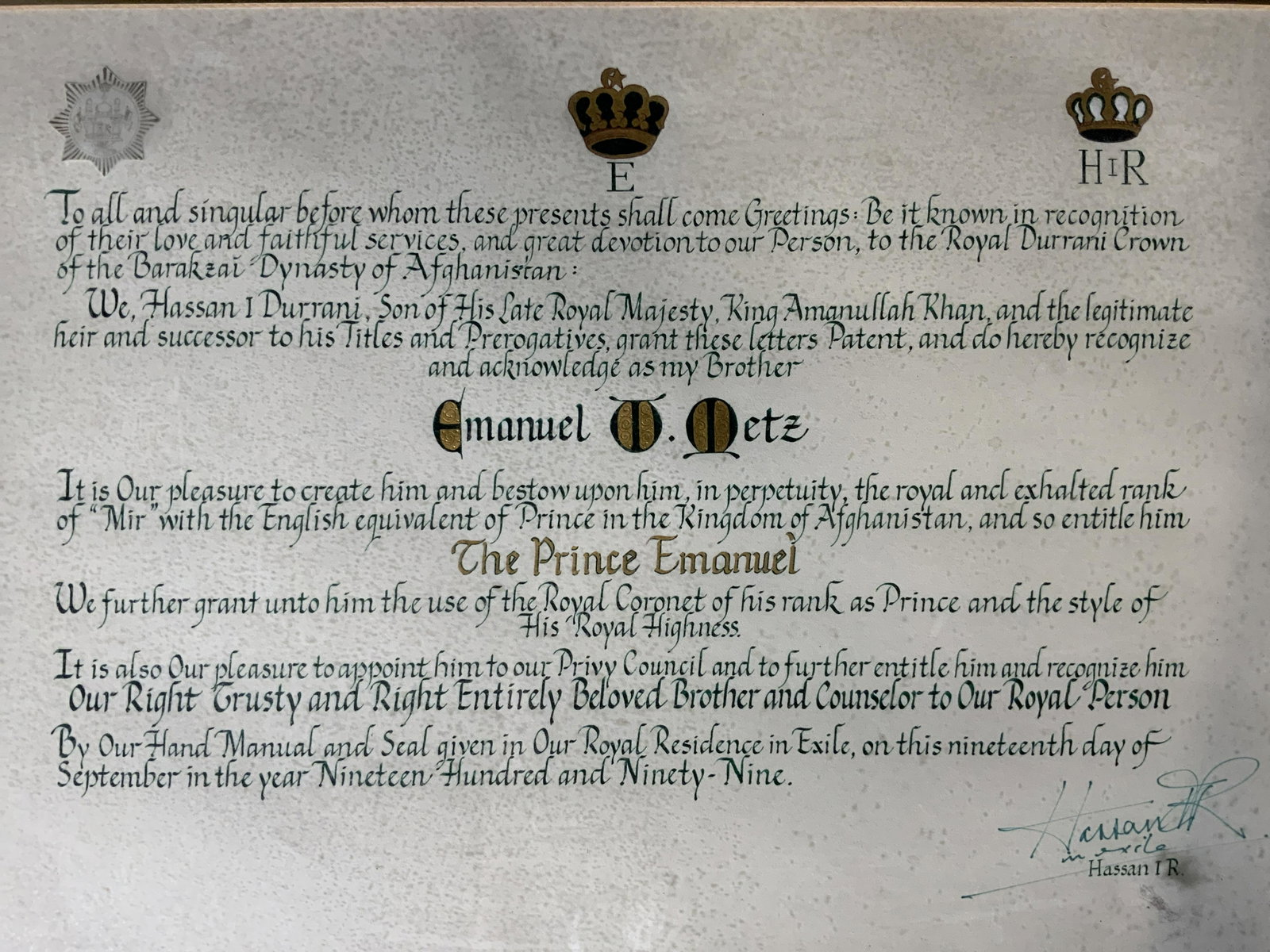 Emanuel Metz Mir Certificate: Emanuel Metz Mir Certificate, inscription signed by Hassan I Durrani, son of King Amanullah Khan giving Emanuel Metz prince status, measures 16 3/4 x 21 1/4 inches, decorative gilt frame, some scratch