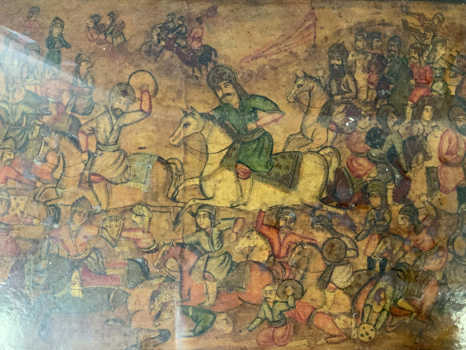 Middle Eastern Style Panel Painting, Battle Scene: Middle Eastern Style Panel Painting, Battle Scene, no apparent inscriptions or signatures, subject men on horseback fighting, measures 13 5/8 x 18 5/8 inches, decorative wooden frame, some losses to f