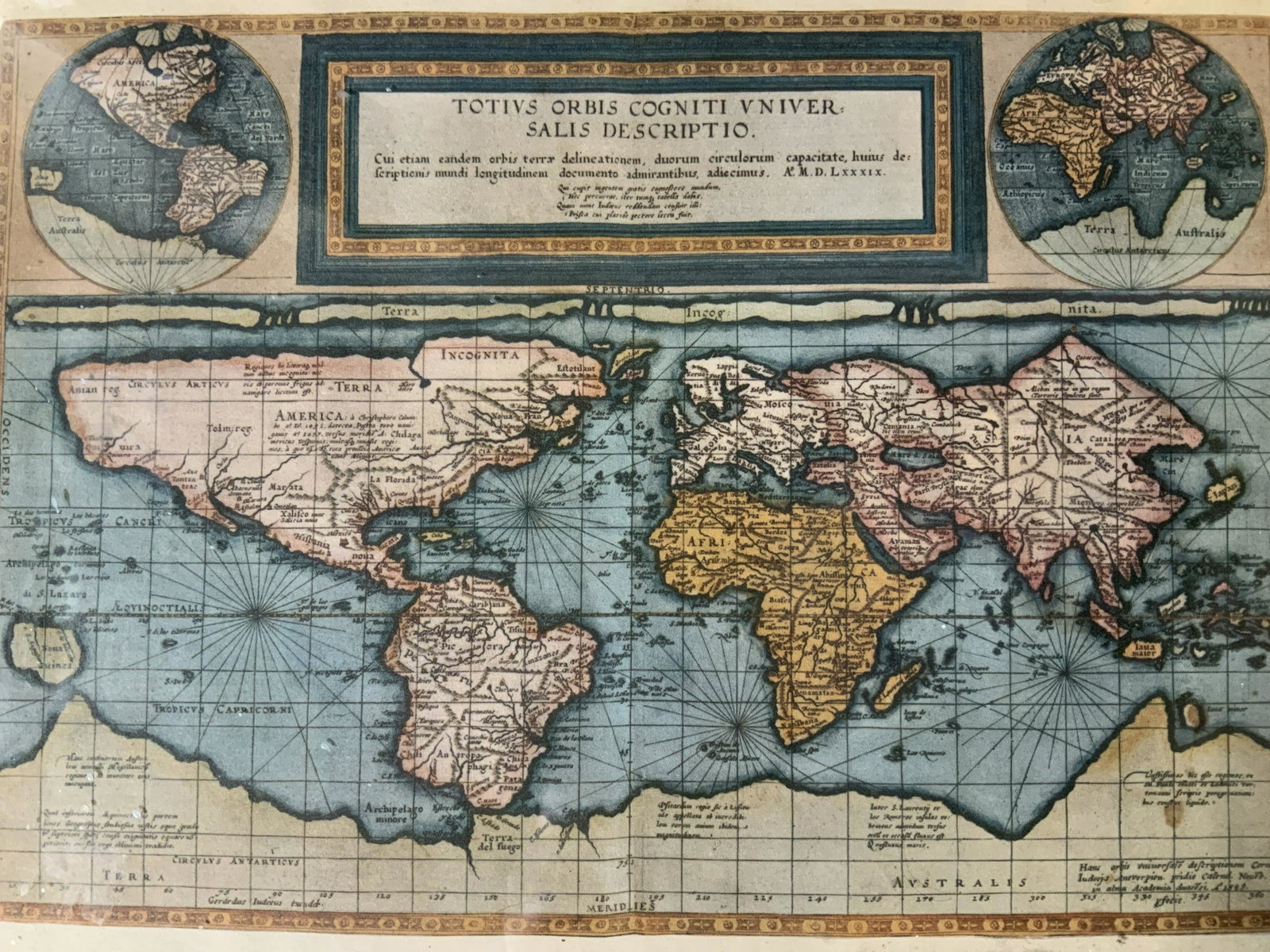 Tortius Orbis Cogniti Universalis Offset Litho Map: Tortius Orbis Cogniti Universalis Offset Lithograph, inscription to piece in Latin, label to reverse details the history of the original map, subject a map of the world, measures 9 3/4 x 12 5/8 inches
