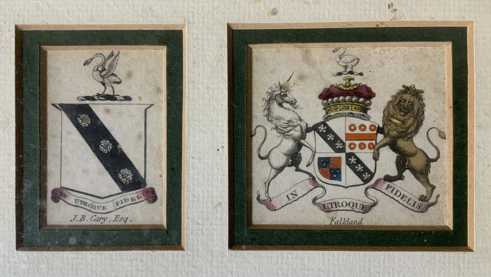 Falkland Crest Hand Colored Engraving Artwork: Falkland Crest Hand Colored Engraving, inscriptions in Latin, inscriptions read ‘JB Cary, Esq’ and ‘Falkland’, subject crests featuring a lion, unicorn, and lion, measure 6 1/2 x 8 3/4 inches,
