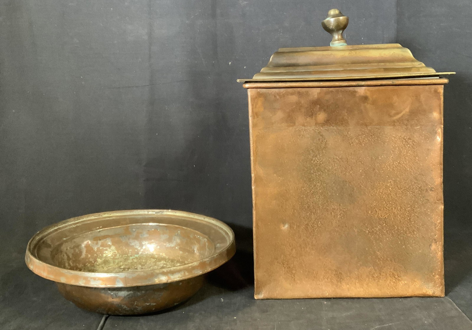 Lot 2 vintage Copper Canister and Bowl, France: Lot 2 Copper Canister and Bowl, label to canister reads ‘Camard Made in France’, measures 16 inches tall x 11 1/4 inches at widest point, bowl measures 3 3/8 inches tall x 11 1/4 inches wide in di