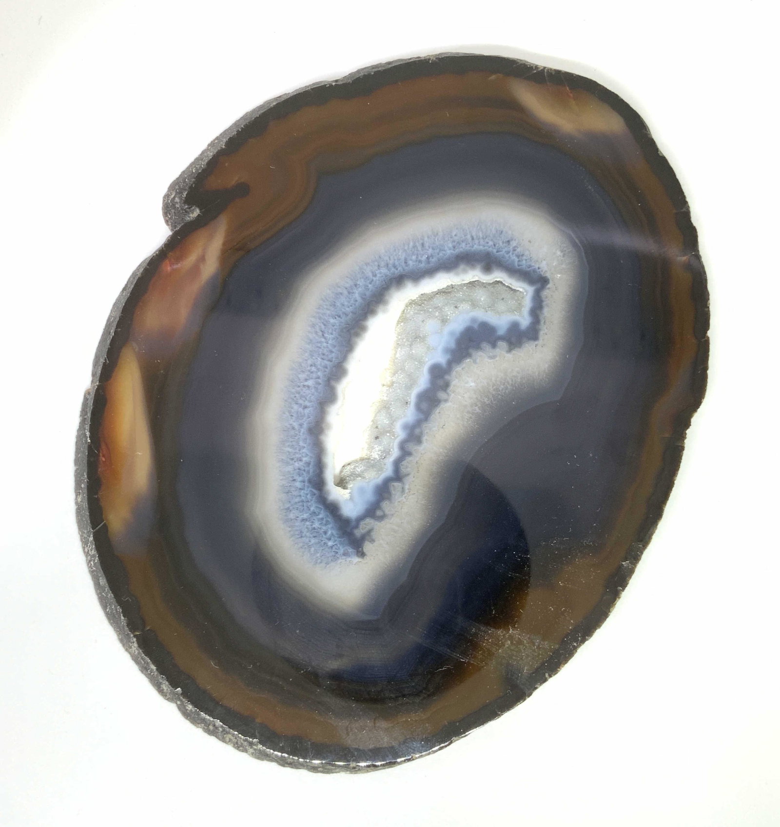 Set 3 Polished Natural Organic AGATE SLICES: Three polished natural agate slices. Each piece has a a unique shape & coloring, all are similar in that they have the striations through the center and the rough, stony trimming. In each piece you wi