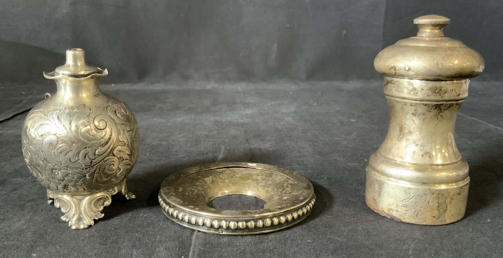 Lot 3 Sterling Silver Accessories, CARTIER & More: Lot 3 Sterling Silver Accessories, CARTIER & More, inscription to pepper mill reads ‘Cartier Sterling 22’ and ‘JM+M’, inscription to perfume bottle reads ‘Sterling’ and ‘1169’, pepper 