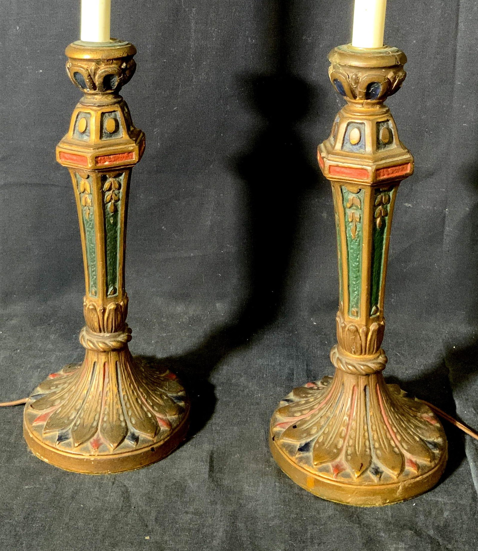 Pair Hand Painted Ceramic Lamps: Pair Hand painted ceramic lamps, no apparent inscriptions or stamps, subject two ceramic hand painted lamps with a baroque style painting to it, both have switches on their wires, both have candlestic