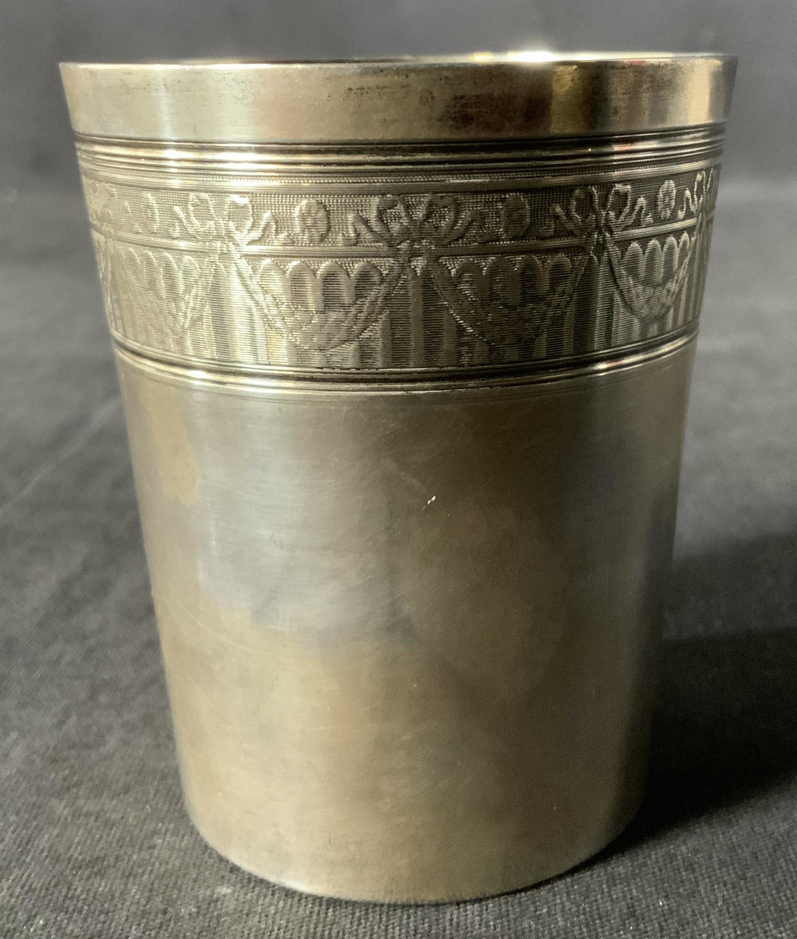 Marked Vintage Sterling Silver Cup: Marked Vintage Sterling Silver Cup, design features stylized garlands, measures 3 inches tall x 2 1/2 inches wide, weight: 94 g, some surface wear and tarnishing to piece, Property of Janine Metz esta