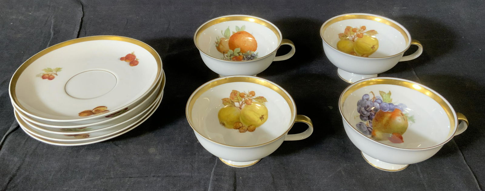 Set 9 Vintage PMR BAVARIA Porcelain Tea Set: Set 9 Vintage PMR BAVARIA Porcelain Tea Set, c 1950-60, stamp to base reads ‘PMR Bavaria Jaeger & Co’, teacups measure 2 1/4 x 4 5/8 inches at widest point, saucers measure 5 7/8 inches in diamete