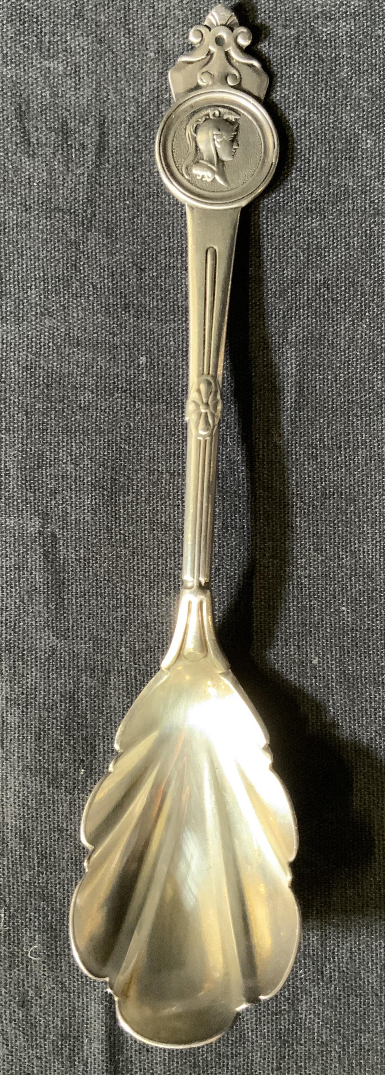 GORHAM Sterling Silver Medallion Spoon: GORHAM Sterling Silver Medallion Spoon, inscriptions read ‘Pat 1864’, ‘EA’, and ‘Sterling’, measures 5 7/8 inches long, total weight: ,73 ozt, some surface wear to piece, Property of Janin