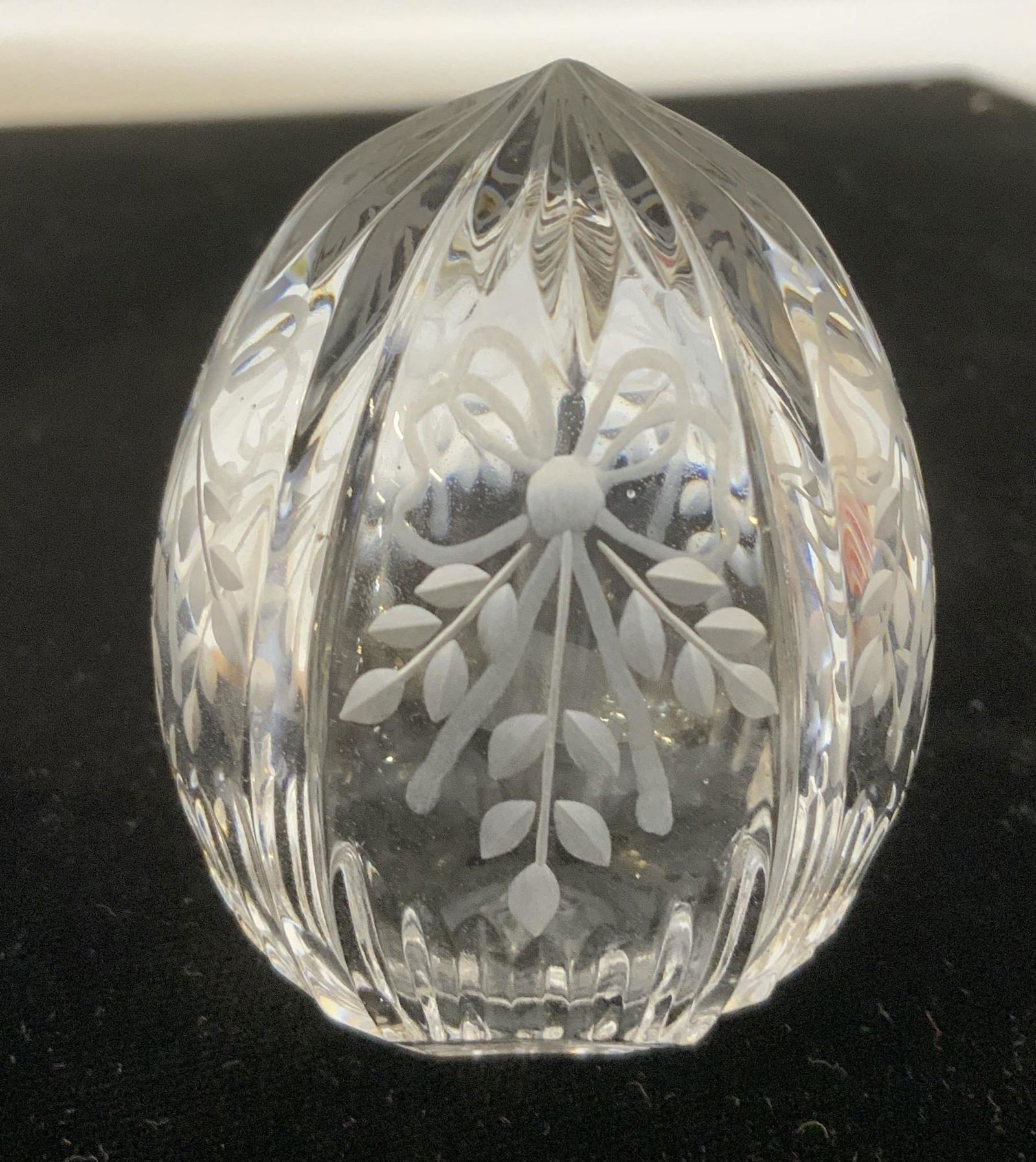 Cut Crystal FABERGÉ Egg w Box: Art glass FABERGÉ egg. Includes original box, egg is hand blown. Underside of egg is signed and reads as FABERGÉ 4836. Includes a card within formation about the egg and its symbolic meaning. Measur