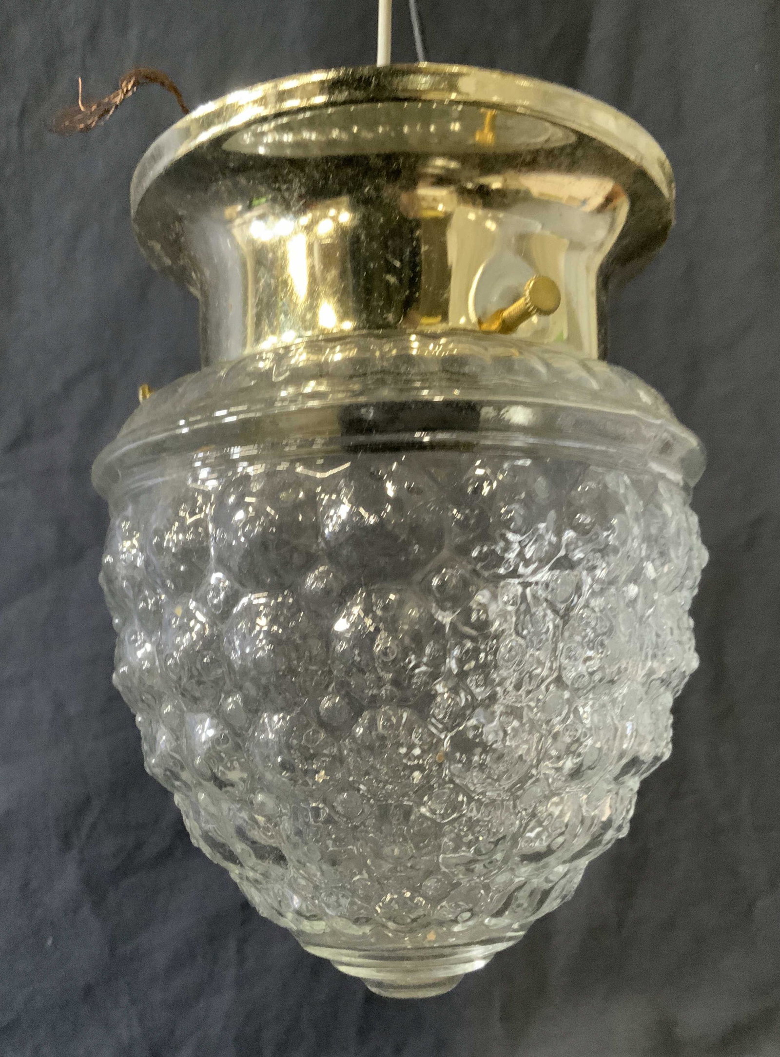 PRESTIGELINE Decorative Ceiling Fixture: Decorative ceiling fixture, by PRESTIGELINE. Brass bracket and cut glass housing. Includes original box. Measures approx 7 inches H, and 5 inches W. Wear is consistent with age. Property of Janine Met