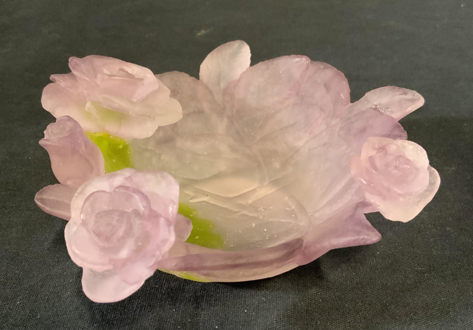 DAUM FRANCE Art Glass Trinket Dish: DAUM FRANCE Art Glass Trinket Dish. IN original box, Pink toned art glass, floral design. Property of Janine Metz Social Secretary to the Duke and Duchess of Windsor.