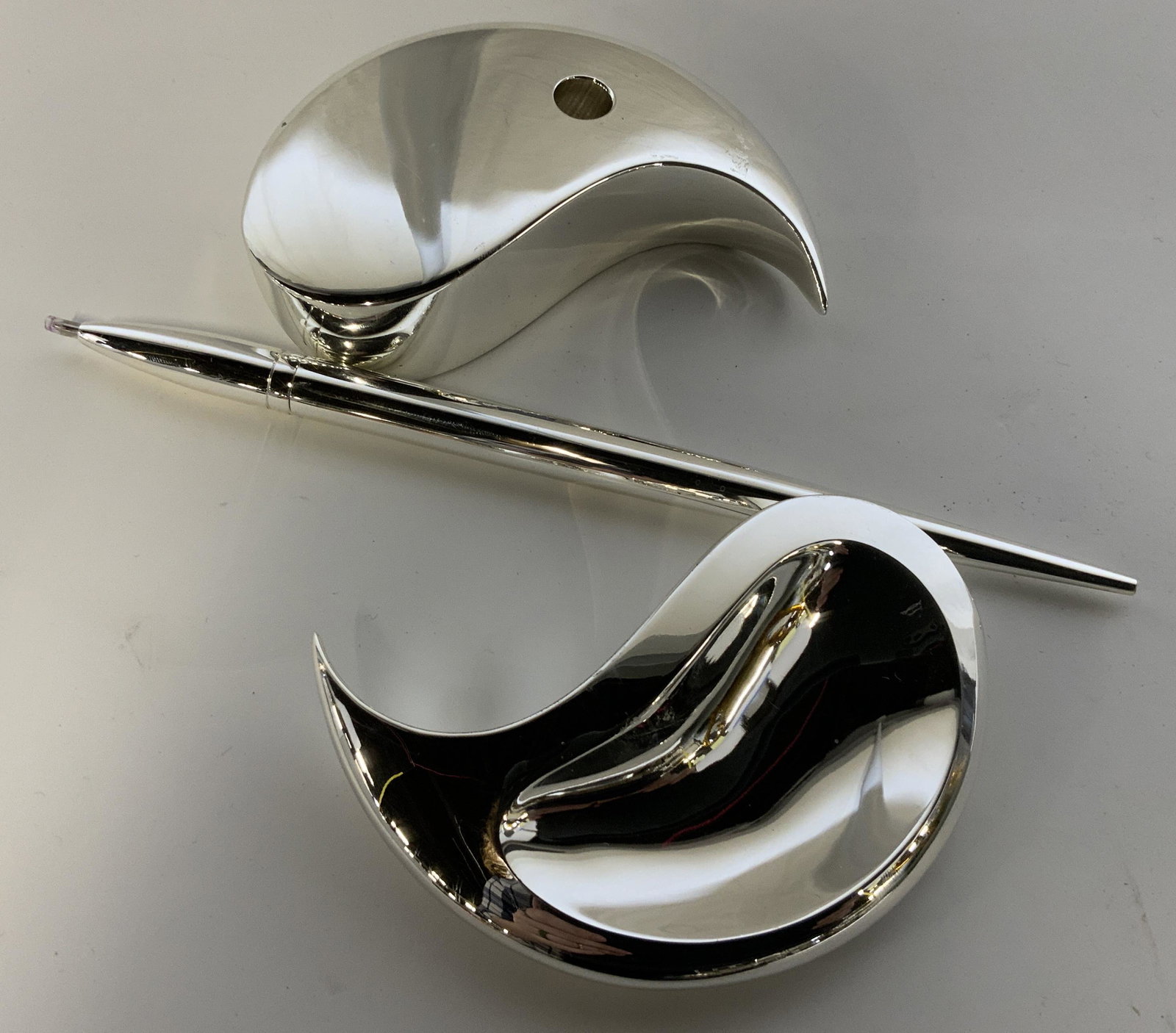 Yin Yang Metal Desk Accessory, Pen holder inkwell: Yin yang metal desk accessory, lot comes in three pieces including a pen, base comes apart in two pieces with a light magnet between them, base measures 4 inches in diameter, pen measures 7 inches lon