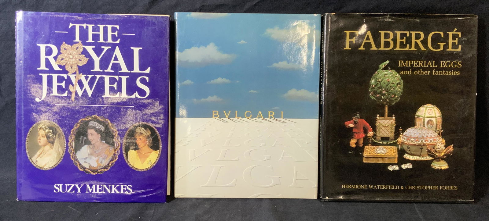 Group Lot 3 Books of Jewelry & Fabergé: Group lot 3 books of jewelry and faberge, titles include ‘The Royal Jewels by Suzy Menkes’ ‘Bvlgari’ and ‘Faberge imperial eggs and other fantasies by Hermione Waterfield & Christopher Forbe