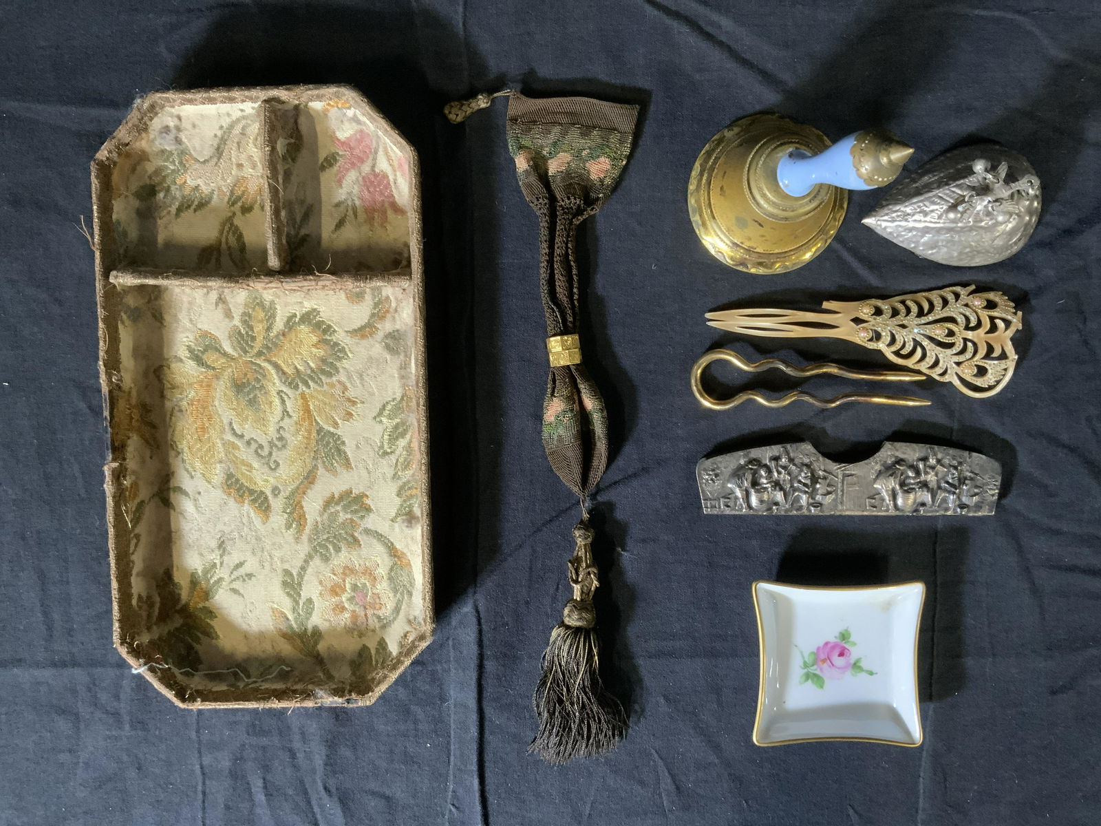 Lot 8 Vintage Table Accessories: Lot 8 Vintage Table Accessories, inscription to trinket dish reads ‘N9387 Dresden H45’, measures 2 5/8 x 2 5/8 inches, unknown silver mark to paperweight, measures 1 3/8 inches tall x 2 7/8 inches