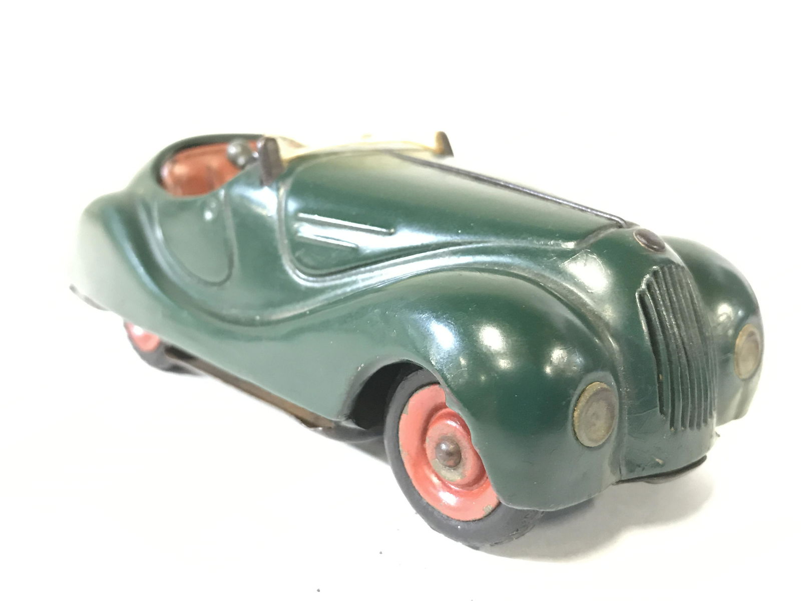 Lot 2 Vintage Toy Police Car & SCHUCO Classic Car: Lot includes 2 toy cars. Underside of one piece is marked SCHUCO EXAMICO 4001. Includes 1 green toned classic toy car and 1 Police highway patrol toy car. Largest piece measures approximately 6 inches