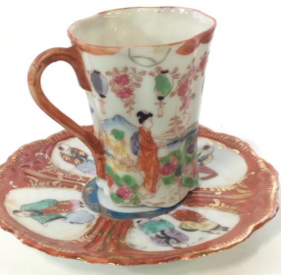 lot4 Vintage Asian Porcelain Tea Cups and Saucers: 4 pcs, Translucent Japanese Porcelain Tea Cup And Saucer. Hand Painted, orange on white porcelain. Saucer depicts men in traditional attire, cup with handle depicts women in a garden with traditional