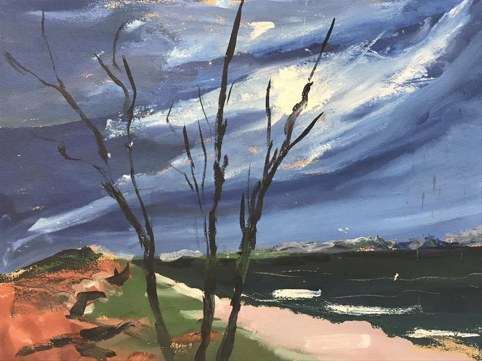 Abstract Oil Painting on Board Landscape: Abstract Oil Painting on Board Landscape, no apparent signatures or stamps, possible signature to lower right corner too faded to tell, subject landscape of a seashore with a tree in the foreground, w