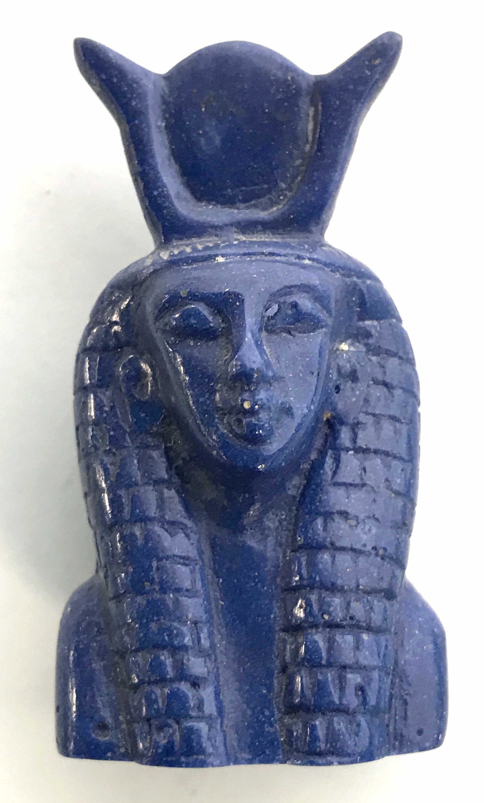 Lot 2 Soapstone Figures: Lot includes a pink toned soapstone bird head Figural and blue toned Egyptian style Figural head. Bird head Figural measures approximately 2 inches tall x 2.25 inches long. Bird head has surface crack