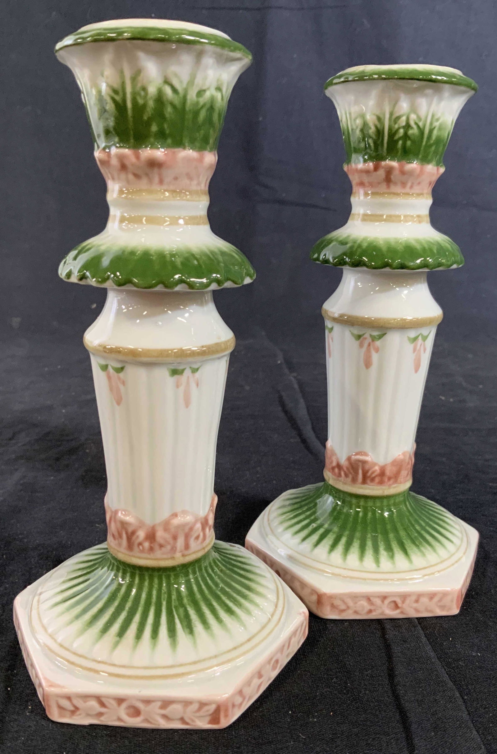 Pair Pink White Green Porcelain Candlesticks: Table ware, decorative accessories, porcelain candle sticks, each measures ht 8 inches, diameter app 4 inches