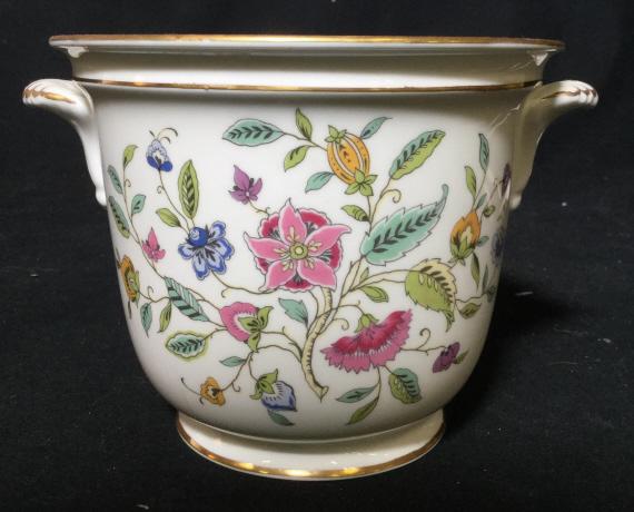 Minton Porcelain Cache Pot, England: Signed underside for Minton, English fine Bone China, porcelain, vessel, Cache Pot, decorative table ware, base has cracks repaired visible underside, measures ht 4 inches diameter to handles app 7 in
